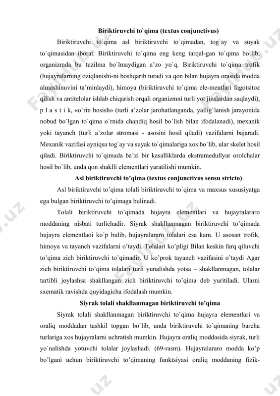 idagicha ifodalash mumkin. siyrak tolali shakllanmagan biriktiruvchi to’qima siyrak tolali shakllanmagan biriktiruvchi to`qima hujayra elementlari va oraliq moddadan tashkil topgan bo`lib, unda biriktiruvchi to`qimaning barcha turlariga xos hujayralarni uchratish mumkin. hujayra oraliq moddasida siyrak, turli yo`nalishda yotuvchi tolalar joylashadi. (69-rasm). hujayralararo modda ko’p bo’lgani uchun biriktiruvchi to’qimaning funktsiyasi oraliq moddaning fizik-ximiyaviy xossalariga bog’liq. siyrak tolali biriktiruvchi to`qima kuchli regeneratsiya qobiliyati, yuqori plastik va adaptatsion imkoniyati bilan xarakterlidir. siyrak tolali biriktiruvchi to`qima organizmning turli organ to`qimalari tarkibida bo`ladi va doimo qon tomirlar devori bo`ylab joylashadi. u biriktiruvchi to`qimaning boshqa turlari uchun ham xos bo`lgan trofik, himoya, plastik va mexanik (tayanch) vazifalarni bajarib, organizm ichki muhitining doimiyligini (gomeostazni) belgilaydi. barcha funktsiyalar hujayralar va hujayralararo modda vositasida bajariladi. biriktiruvchi to`qima morfologiyasini o`rganish shu to`qimaning kasalliklarini (kollagenozlarni) va turli jarayonlarga bo`lgan javobini (immunologik reaktsiya, yallig`lanish, regeneratsiya) tushunishga yordam beradi. biriktiruvchi to’qimaning hujayra elementlari siyrak biriktiruvchi to`qima hujayra elementlari quyidagi hujayralardan: fibroblast, makrofag, plazmatik (plazmotsit), …