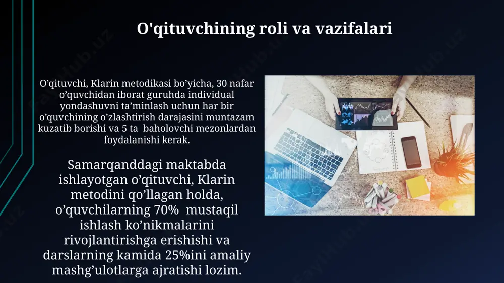 gi tajriba maktablarida 2 yil ichida o'zlashtirish ko'rsatkichlarining oshganligini ko'rsatdi. individual yondashuv metodologiyasida 5 ta asosiy parametr: o'quvchining qobiliyati, motivatsiyasi, bilimlar darajasi, o'rganish uslubi va shaxsiy xususiyatlari toshkentdagi amaliy tadqiqotlar natijalarida tasvirlangan. baholash mezonlari va tizimi baholash mezonlari aniq va o'lchanuvchan bo'lib, 7 ta asosiy ko'rsatkichni o'z ichiga oladi va natijalarni 100 balldan iborat shkala asosida ifodalashga imkon beradi, bu esa namangan viloyatida amaliyotda sinab ko'rilgan. klarinning "baholash mezonlari va tizimi"dagi 5 balldan iborat baholash tizimi, o'quvchilarning 1-11 sinflar davomida 20 dan ortiq fan bo'yicha bilim va ko'nikmalarini samarqanddagi ta'lim muassasalarida baholashda qo'llaniladi. o'quvchilarning yutuqlarini kuzatish klarinning metodikasi, 5 ball shkalasi bo'yicha baholashni taklif qiladi va samarqanddagi 100 dan ortiq o'quvchilar bilan o'tkazilgan tajribalar shuni ko'rsatdiki, bu yondashuv o'quvchilarning 85% da ijobiy natijalarga olib kelgan. kuzatuv jarayonida, o'quvchilarning 3 ta asosiy ko'nikmalarini (o'qish, yozish, fikrlash) baholash uchun, 7 bosqichli kuzatish jadvali va toshkentdagi pedagoglarning fikr-mulohazalari hisobga olingan. metodikaning samaradorligini baholash …