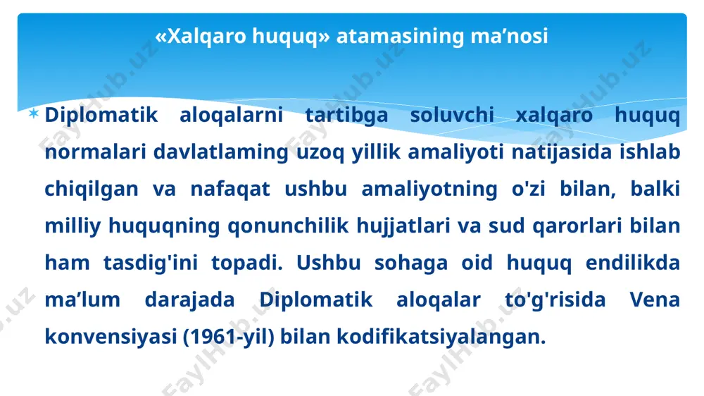 akatdagi shart-sharoitlar va voqea-hodisalar to'g'risida o'z hukumatiga axborot berib borish; f) iqtisodiyot, madaniyat, fan sohasida hamkorlikni rivojlantirish. (diplomatik aloqalar to'g'risidagi 1961-yilgi vena konvensiyasining 3- moddasi.) diplomatik vakolatxona binolari (xonalari) daxlsizdir. qabul qiluv¬chi mamlakat ma’murlari ularga faqat vakolatxona boshlig'i roziligi asosidagina kirishlari mumkin. shu bilan birga, ular binolarga (xonalarga) bostirib kirish va ziyon-zahmat yetkazishdan himoyalash borasida zarur choralar ko'rishga, vakolatxona faoliyat yuritishi uchun tegishli shart-sharoitni ta’minlashga majburdir. daxlsizlik kemalar, samolyotlar kabi transport vositalariga ham taalluqli bo'lib, ular tintuvdan, rekvizitsiyadan, hibsdan va ijro harakatlaridan holidir. bunda avtoinspeksiyaning ko'cha harakati qoidalari buzilganligi holatlarini qayd etish va bular haqida tashqi ishlar vazirligiga xabar berish huquqi istisno etilmaydi. transport vositalari daxlsizligi diplomat hisoblanmaydigan haydovchilarga taalluqli emas. vakolatxona arxivlari va hujjatlari har qanday vaqtda va ularning qayerda joylashganidan, shu jumladan muvaqqat saqlash joyidan qat’i nazar, daxlsizdir. ushbu qoida, hatto diplomatik aloqalar uzilgan hollarda ham amal qilaveradi. vakolatxona bino bilan bog'liq barcha soliqlardan ozod etiladi (moliyaviy immunitet), …