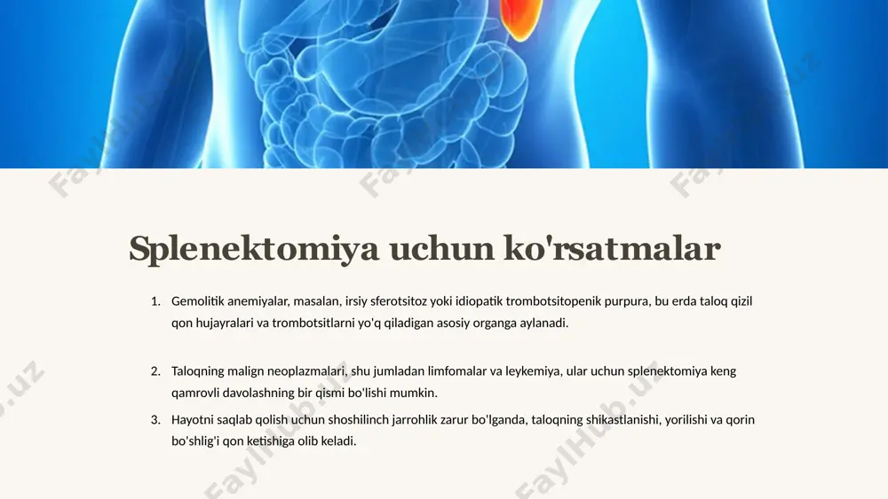 pnevmokokk, meningokokk va haemophilus influenzae infektsiyalari xavfi ortadi. qon tomir trombozi - chuqur tomir trombozi va/yoki o'pka emboliyasi rivojlanishi mumkin. postsplenektomiyadan keyingi giperviskozite sindromi qonning yopishqoqligi oshishi va qon tomir xavfi bilan xavfli holatdir. gipogammaglobulinemiya - immunoglobulinlar darajasining pasayishi, infektsiyalar ehtimolini oshiradi. 8 postsplenektomiya asoratlarining oldini olish 1 emlash pnevmokokk, meningokokk va haemophilus influenzae infektsiyalariga qarshi o'z vaqtida emlash 2 antibiotik profilaktikasi bakterial infektsiyalarning oldini olish uchun antibiotiklarning uzoq kursi 3 shifokorlar nazorati doimiy tekshiruvlar va sog'lig'ini nazorat qilish 4 o'z vaqtida davolash mumkin bo'lgan asoratlarni erta aniqlash va etarli darajada davolash splenektomiyadan keyin operatsiyadan keyingi asoratlar xavfini kamaytirish uchun bir qator profilaktika choralarini o'tkazish kerak. bu eng xavfli infektsiyalarga qarshi emlash, antibiotik profilaktikasini tayinlash, muntazam tibbiy nazorat va yuzaga kelishi mumkin bo'lgan asoratlarni o'z vaqtida tashxislash va davolashni o'z ichiga oladi. faqatgina bunday integratsiyalashgan yondashuv xavflarni minimallashtiradi va taloq olib tashlanganidan keyin bemorning xavfsizligini ta'minlaydi. 9 xulosa va tavsiyalar …