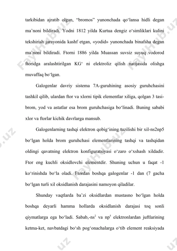 na2so4 kbr + h3po4 hbr + kh2po4 caf2+ h2so4 2 hf + caso4 hi beqaror bo‘lganligi sababli uni bu usulda olib bo‘lmaydi vodorod yodid kislota tuzlari – metall yodidlar qaytaruvchi xossalarini namoyon qiladi. kaliy yodid hatto kuchsiz oksidlovchi nitrat kislota hno2 ta’sirida o2 ga qadar oksidlanadi. vodorod yodid kislotada erkin yodni erishi bromga xos bo‘lgan jarayondan chuqurroq sodir bo‘ladi. h2 + j2 2hj 6.4. galogenlarning kislorod tutgan birikmalari galogenlar kislorod bilan qator beqaror birikmalar hosil qiladilar. ularning hosil bo‘lish vaqtida gibbs potensialining o‘zgarishi g0298 0 bo‘lganligi uchun ular aylanma, bilvosita yo‘llar bilan olinadi. oksidlarga mos keluvchi kislotalarga qaraganda ularning tuzlari bir qadar barqarorroqdir. ftorning o2f2 va of2 kislorodli birikmasi mavjud. kislorod ftorid of2 (qaynash harorati -145°с, suyuqlanish harorati – 223°с) suyuq holda och sariq rangli zaharli gaz. оғ2 ni olish uchun ғ2 ni naoh ning sovutilgan eritmasi orqali o‘tkazish orqali yoki нғ va kf ning suvdagi ertimalarini elektroliz qilib olinadi. …