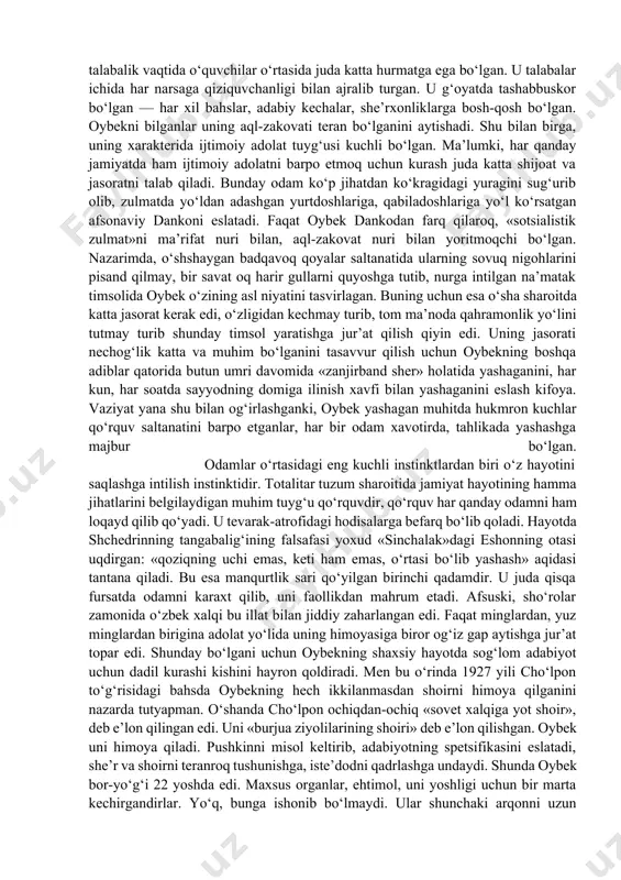 langan xalq uchun uning tishi o‘tadigan yozuvda navoiy asarlari nashr etilgancha yo‘q edi. xullas, oybek romani keng xalq ommasiga navoiyning siymosi, qiyofasi va ijodi haqida, aytish mumkinki, ilk marta atroflicha tasavvur berar edi. hatto qay bir nuqtalarda biz bugunga qadar ham navoiyni shu roman orqali tasavvur qilamiz. bu romanda ham olis hirotning hayoti benihoya aniq va qabariq holda tasvirlanadi va oybek navoiy xarakterini yaratar ekan, birinchi navbatda, uning buyuk gumanist ekaniga, nafaqat san’atkor, balki mutafakkir sifatidagi qarashlarini ifodalashga alohida ahamiyat beradi. natijada, o‘sha paytdagi atama bilan aytganda, chig‘atoy ulusi, ya’ni bugungi o‘zbeklarning bobolari, boshqacha aytganda, buyuk bobomiz amir temurning bevosita avlodlari jahon tsivilizatsiyasiga katta hissa qo‘shgan, jahon gumanizmining shakllanishida favqulodda katta o‘rin tutgan, yuksak madaniyat egasi, yorqin intellektual salohiyati bilan ko‘rinib turgan xalq bo‘lgani ochib berilgan. navoiy obrazini bunday talqin qilish ham g‘oyatda katta ahamiyatga ega edi — bu ham bevosita millatni uyg‘otishda juda muhim rol o‘ynaydi. shular bilan birga …