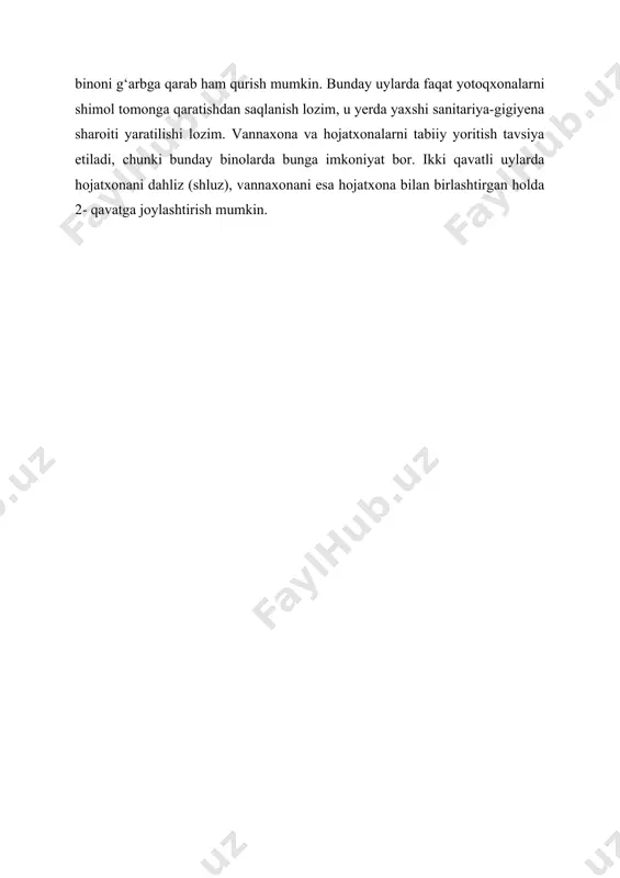 y xizmatlar ko‘rsatish punktiga ega uy; fermerning uyi va hokazo. shifokor uchun turar joyning umumiy ko‘rinishi, qavatlar tarhi: 1 – xoll; 2 – umumiy xona; 3 – yotoqxona; 4 – xona; 5 – oshxona yemakxonasi bilan; 6 – hojatxona; 7 – obzanxona; 8 – ayvon; 9 – qabulxona; 10 – shifokor xonasi; 11 – davolash-tashxis xonasi; 12 – hojatxona; 13 – garaj. nazorat savollari: 1. qishloq joylarda qurilgan kam qavatli hovlili uylar haqida malumot bering? 2. 2 qavatli uylar bir qavatli uylardan afzalligi haqida malumot bering? 3. kam qavatli uylarning oriyentatsiyasi haqida malumot bering? uyga vazifa:har bir o’quvchi o’zi yashab turgan hovlili uyni rasmga tushirib kelgusi darsda tariflab berish. foydalanilgan adabiyotlar: 1. a. s. uralov t. f. kushmanov “binolar tipologiyasi” o’quv qo’llanma. 2. n.j. to‘ychiyev “bino va inshootlar konstruksiyasi”darslik. 3. “bino va inshootlar tipologiyasi” fanidan ma’ruzalar matni. 4. и.а.синянский н.и.манешина “типология зданий” учебник. internet saytlar: ziyonet.uz arxitektura.uz arxiv.uz binolar.uz -ilova …