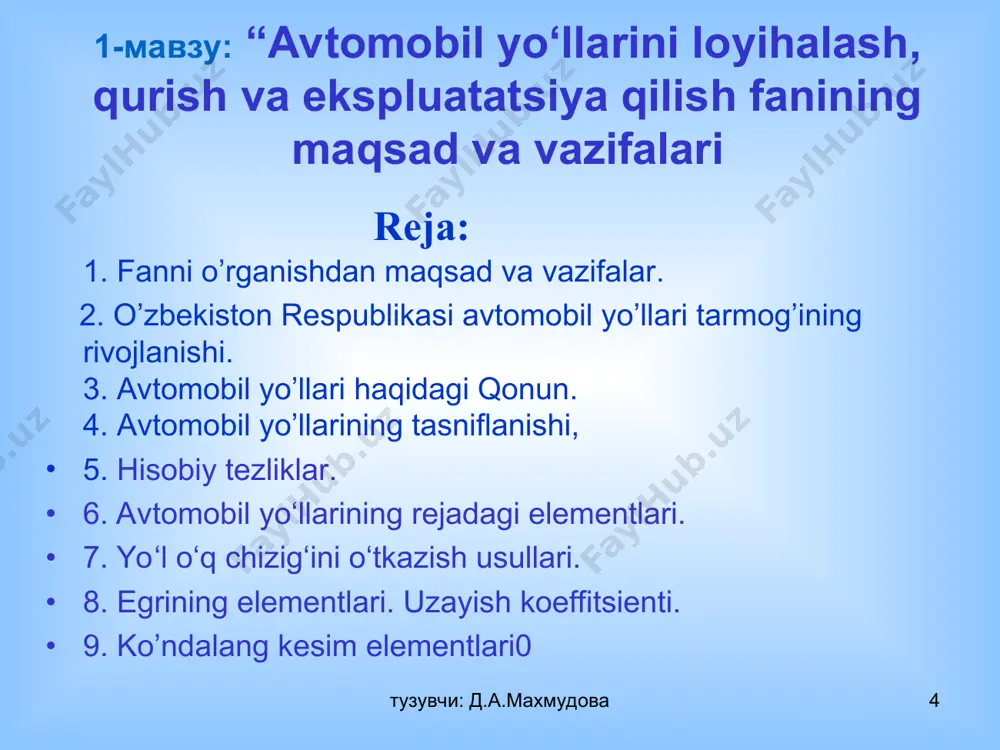 ish qiyin. ayni bir vaqtda yo`lni bir necha yil oldinga hisoblangan ortiqcha mustahkamlik zahirasi bilan qurish iqtisodiy jixatdan maqsadga nomuvofiqdir. shuning uchun avtomobil gabaritlariga va ulardan tushadigan og`irliklarga standartlar ishlab chiqariladi. avtomobil sanoati bu standartlarga rioya qilishi va avtomobil yo`llarining elementlariga belgilangan me’yorlar moslashtirilishi shart. umumiy foydalanuvdagi avtomobil yo`llari o`zlarining xalq xo`jaligidagi ma’muriy va madaniy ahamiyatiga ko`ra bir nechta guruhlarga bo`linadi. tuzuvchi: d.a.maxmudova * tuzuvchi: d.a.maxmudova umumdavlat ahamiyatiga ega bo`lgan yo`llar mdx davlatlarining poytaxtlarini o`zaro bog`laydi, shuningdek, eng muhim sanoat va madaniyat markazlarini bog`laydi, qo`shni mamlakatlar bilan transport va sayyoxlik aloqalarini ta’minlaydi, avtonom respublikalar poytaxti va qo`shni viloyatlarning yirik markazlari bilan bog`laydi, i va ii klass aeroportlariga, i va ii guruh daryo va dengiz portlariga, oromgohlarga va qo`riqxonalarga, mamlakat ahamiyatiga ega bo`lgan tarixiy va madaniy yodgorliklarga kelish yo`llari bo`lib xizmat qiladi. viloyat ahamiyatiga ega bo`lgan yo`llar avtonom viloyatlarning markazlari, o`lka va viloyatlarning ma’muriy markazlari va viloyatlarni aholisi 10 mingdan 100 …