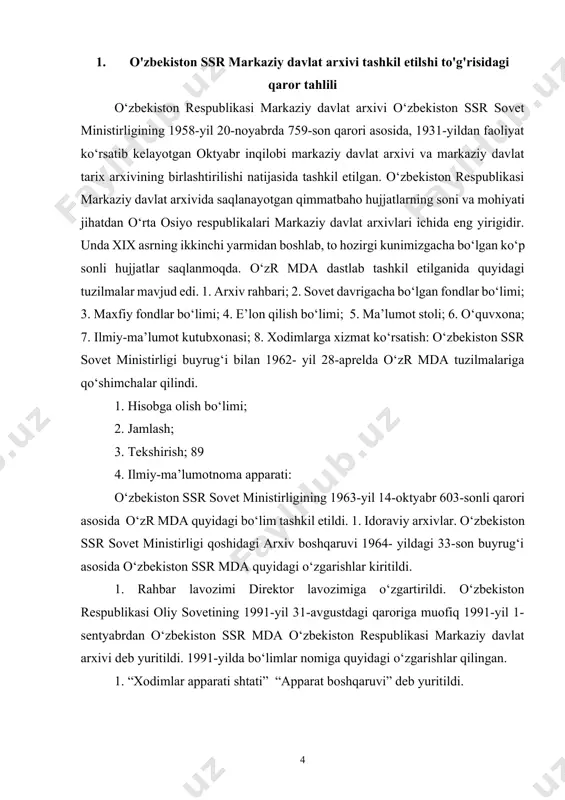 etilgan ma’lumotlarning eng qadimiysi ix asrga oid. o‘zr mda ning kutubxona fondi 3 mingdan ziyod turli xil kitoblarni o‘z ichiga oladi. ularning ichida 558 ta bosma nashrlar, to‘plamlar, tarixiy davr (1917 yilgacha) ga oid adabiyotlar mavjud. o‘zbekiston respublikasi mda tomonidan quyidagi xizmatlar ko‘rsatiladi: · hujjatlarni tartibga solish, ilmiy-texnikaviy qayta ishlash va ularni kelgusida saqlash uchun arxivga topshirish uchun tayyorlash; tashkilotlar, korxonalarning bayram sanalari haqida, hamda atoqli shaxslarning yubiley sanasi tashabbus axborotini tayyorlash; · radio va teleko‘rsatuvlarni tayyorlash; ekskursiyalarni o‘tkazish; · ko‘rgazmalarni tashki etish; fuqarolarning ijtimoiy-huquqiy so‘rovlarini bajarish; · jismoniy va huquqiy shaxslarning mavzuli so‘rovlarini bajarish va hujjatlarini aniqlash; · ish yuritish va arxivshunoslik muaamolari bo‘yicha ilmiy ishlarni tayyorlash va chop etish; · arxiv hujjatlarining to‘plamini nashr etish; · arhiv hujjatlaridan nusxalarni va ko‘chirmalarni berish; · arxiv hujjatlarini raqamlashtirish; · arxiv ishi bo‘yicha seminarlarni, ma’ruzalarni o‘tkazish; · arxiv ishi bo‘yicha o‘quv kurslarini o‘tkazish; bugungi kunda o‘zr mda arxivshunoslik va hujjatshunosli sohasi …