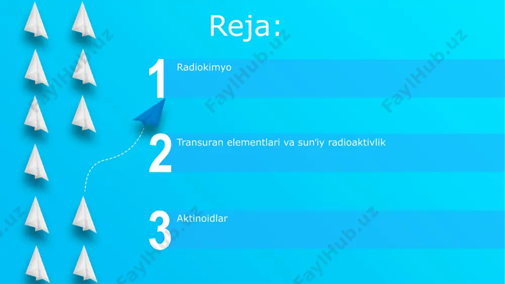 yadro energiyasi ishlab chiqarishda ishlatiladi, ularning yadro parchalanishi natijasida katta miqdordagi energiya ajralib chiqadi. sunʼiy radioaktivlik start sun'iy radioaktiv izotoplar tibbiyotda, masalan, saraton kasalligini davolashda (radioterapiya) va diagnostikada (pet-kt), shuningdek, sanoat va tadqiqotlarda keng qo'llaniladi, ularning faolligi kyuri yoki bekkerel birliklarida o'lchanadi. sun'iy radioaktiv elementlarning yarmirlanish davrlari turlicha bo'lib, millisekunddan yillarga yetadi; masalan, 239pu yarmirlanish davri 24000 yilni tashkil etadi va ko'plab texnologik qo'llanmalarga ega. radikimyo radiokimyoviy tadqiqotlarda neytronlarning yadro bilan o'zaro ta'siri natijasida yuzaga keladigan yadro reaksiyalari, masalan, (n,γ) reaksiyasi keng qo'llaniladi. transuran elementlarining radioaktiv parchalanishi natijasida hosil bo'lgan turli xil radionuklidlarning yarmumr davrlari 1 millisekunddan milliard yillarga qadar o'zgarib turadi. e'tiboringiz uchun rahmat @taqdimot_robot image5.jpg image6.jpg image7.jpg image8.jpg image9.jpg image10.jpg image11.jpg image1.jpeg image2.jpeg image3.jpeg image4.jpeg
