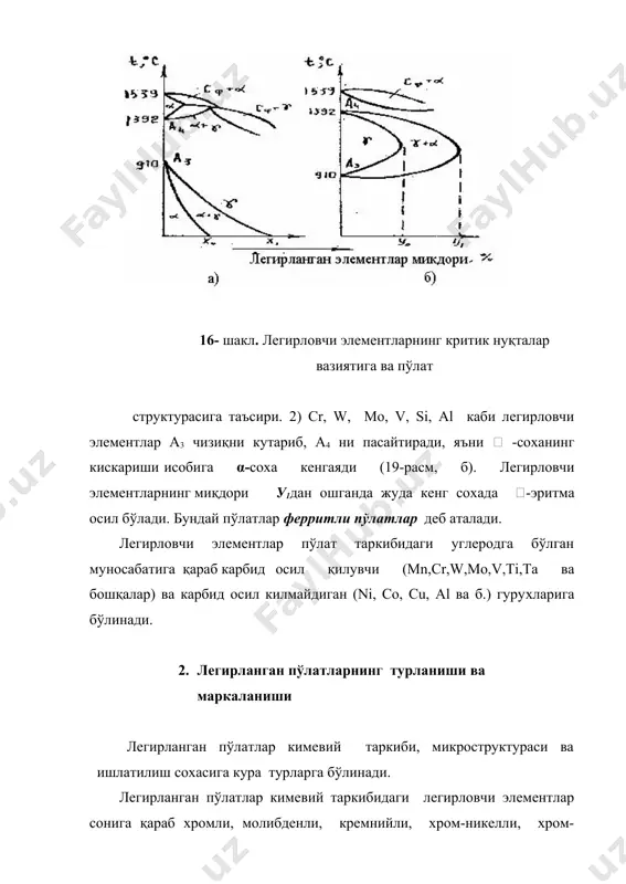 к, молибден-м, вольфрам-в, ванадий-ф, марганец -г, мис -д, бор-р, ниобий-б, цирконий-ц, кремний-с, титан-т, алюминий-ю, фосфор-п, азот-а, сийрак-ер металлари –ч билан белгиланади. пўлат маркасида энг олдин тўрган ракамлар шу пўлат таркибидаги углерод миқдорини фоизнинг юздан бир улушлари хисобида, арфлардан кейин тўрган ракамлар шу арф билан кўрсатилган элементларнинг фоиз хисобидаги ўртача миқдорини кўрсатади. легирловчи элементнинг миқдори 1 % дан кам ёки 1 % дан сал ошикрок бўлса, ракам езилмайди. масалан, 30хгса маркали пўлат таркибида 0,28...0,35 % с, 0,8...1,1 % cr, 0,9...1,2 % mn ва 0,8...1,2 % si бор. марка охиридаги а-арфи эса пўлатнинг юқори сифатли эканлигини билдиради. баъзи гурух пўлатлар қўшимча равишда тегишли харфлар билан белгиланади, масалан, шарикли ва роликли подшипник пўлатлари ш-арфи билан, магнитавий пўлатлар -е, электротехникавий пўлатлар -э, тезкесар пўлатлар эса -рарфи билан белгиланади. 3. легирланган конструкцион пўлатлар легирланган конструкцион пўлатларнинг механиқ ва технологик хоссалари углеродли пўлатларникидан юқорироқ бўлади, хусусан, улар катта чукурликка осон тобланади. легирланган пўлатлар 14 гуру га …
