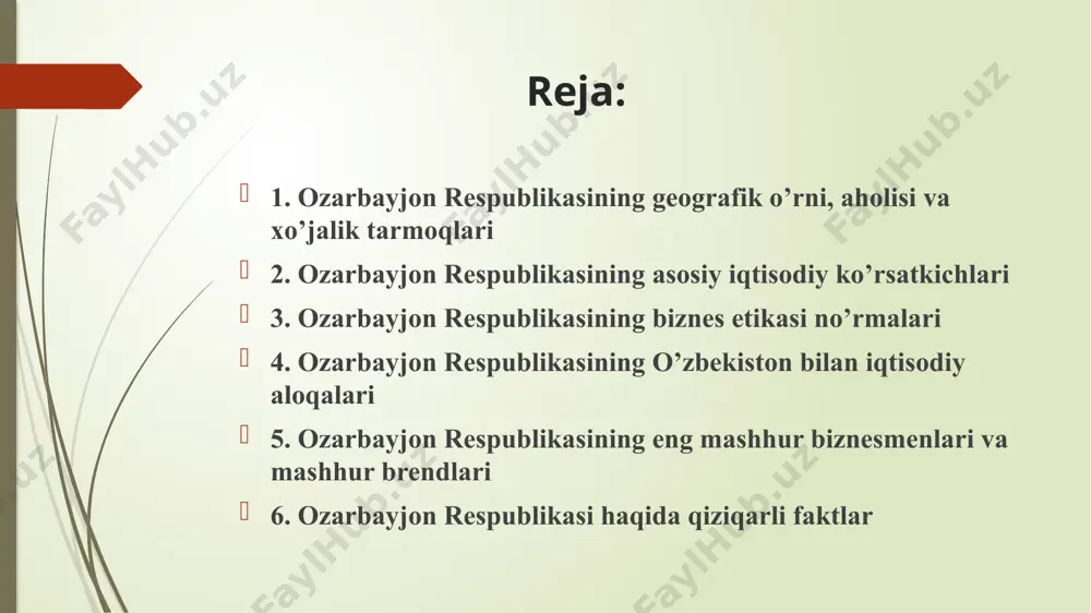 i konlardan qazib olinadi. neft va gaz asosida kimyo va neft kimyosi sanoati mineral oʻgʻit, oltingugurt kislotasi, kaustik soda, sintetik kauchuk, shina va boshqa mahsulotlar (sumgait, salyani, neftechala, min-gechaur, boku) ishlab chikaradi. mashinasozlik va metallsozlik, asosan, neft sanoati uchun mashina-qurilmalar, elektr dvigatellar, transforma-torlar, kabel, radioelektron appa-ratlar, priborlar ishlab chiqarishga ixtisoslashgan. qishloq xoʻjaligi mashinasozligi, kemasozlik, oziq-ovqat sanoati uchun asbob-uskuna ishlab chiqarish rivojlangan (boku, ganja, min-gechaur, xonkendi, naxichevan, kuba). yalpi ichki mahsulot yil yaim 2017 17584,5 2018 20023 2019 20474,1 2020 18144,52 2021 23214,45 ozarbayjonning yaimga qaraydigan bo’lsak,2017-2019 yillar oralig’ida 2889,6 mlrd dollarga oshib 2017 yilda 2326,58 mlrdga tushgan . iste’mol narxlari indeksi yil umumiy iste’mol narxlari indeksi oziq-ovqat va alkogolsiz ichimliklar xizmatlar uy-joy, suv, elektr energiyasi, gaz va boshqa yoqilg'i 2017 149,5 159,7 128,8 141,5 2018 152,9 162,9 132,28 145,6 2019 156,9 168,3 134,9 146,4 2020 161,2 176,0 136,3 147,6 2021 171,9 190,3 144,2 170,7 ozarbayjonning iste’mol narxlari indeksida eng ko’p …