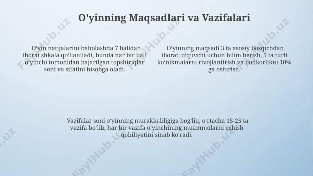 ng muvozanati juda muhim, chunki 70% dan ortiq o'yinchilar yomon ui tufayli o'yinni tark etishadi. hikoya ssenariysi va syujet muvaffaqiyatli hikoya ssenariysi va syujeti o'rtasidagi muvozanat, taxminan 70/30 nisbatida, syujetning kuchliligi va ssenariyning aniqligi hisobiga yuzaga keladi. syujet chizig'i 5 dan ortiq asosiy voqea nuqtalarini o'z ichiga olishi, tomoshabinni qiziqtirish va hikoya rivojlanishini ta'minlashi kerak. hikoya ssenariysi, odatda 3 ta asosiy qismdan: ekspozitsiya, kulminatsiya va razyazkadan iborat bo'lib, har biri o'ziga xos vazifalarni bajaradi. ijodiy o'yinlarning kelajagi ijodiy o'yinlar bozorida 2025 yilga kelib 500 milliard dollardan ortiq daromad kutilayotgan bo'lib, bu metaverse texnologiyalari va nft integratsiyasi bilan bog'liq. ar/vr texnologiyalari rivojlanishi bilan birga, 2030 yilda ijodiy o'yinlarning 70% dan ortig'i immersiv (chuqur sho'ng'ish) o'yin tajribalari bilan ajralib turadi. sun'iy intellekt yordamida yaratilgan dinamik va o'zgaruvchan o'yin dunyosi, 10 yildan keyin o'yinchilar uchun yanada chuqurroq va shaxsiylashtirilgan tajribalarni taqdim etadi. e'tiboringiz uchun rahmat @taqdimot_robot image4.png image3.jpeg