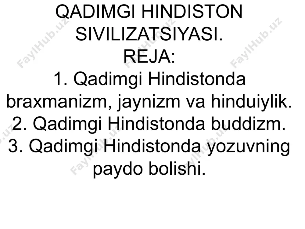 hdan, zinodan oʻzini tiyish hamda meditatsiya (ongni oliy haqiqatga yetishishga qaratish), "bodxi", yaʼni "xotirjamlik"ka va oxir-oqibatda nirvanaga (azobuqubatning tugashiga) olib keladi. nirvanaga yetishish uchun talab qilinadigan axloqiy barkamollik bir emas, bir necha hayotni taqozo etishi mumkin. b. zaminida 3 narsa — budda(muqaddaslangan zot), dharma(ta'limot) va sangxa(rohiblar jamoasi)ga eʼtiqod qilish yotadi. hind yozuvi-janubi-sharqiy osiyodagi yozuvlar guruhi mansub juda qadimiy yozuv turi hisoblangan. qadimda hindiston juda qudratli bo’lganligi sababli, uning madaniyati qo’shni xalqlarga ham keng tarqalgan, jumladan yozuvni nazarda tutmoqdaman. aynan hind alifbosi asosida qo’shni xalqlar yozuvi shakllangan. ularni bitta umumiy hind alifbosi bog’lab turadi. shu sababli ushbu xalqlar yozuvlarning kelib chiqishidagi umumiylik va alifbolari tuzilishidagi yagona prinsip jihatidan birbiri bilan bogʻlangan. hind yozuvi koʻrinishlarini bugungi kunda hindiston, bangladesh, pokiston, nepal, va shri-lanka davlatlaridan tashqari ularga qoʻshni boʻlgan hududlarda ham (shimolda tibet va markaziy osiyodan moʻgʻulistongacha, janubda — birmada, hindixitoy yarim orolida, va indoneziyada) keng tarqalganini ko’rishimiz mumkin. albatta, bundan bilishimiz mumkinki, …
