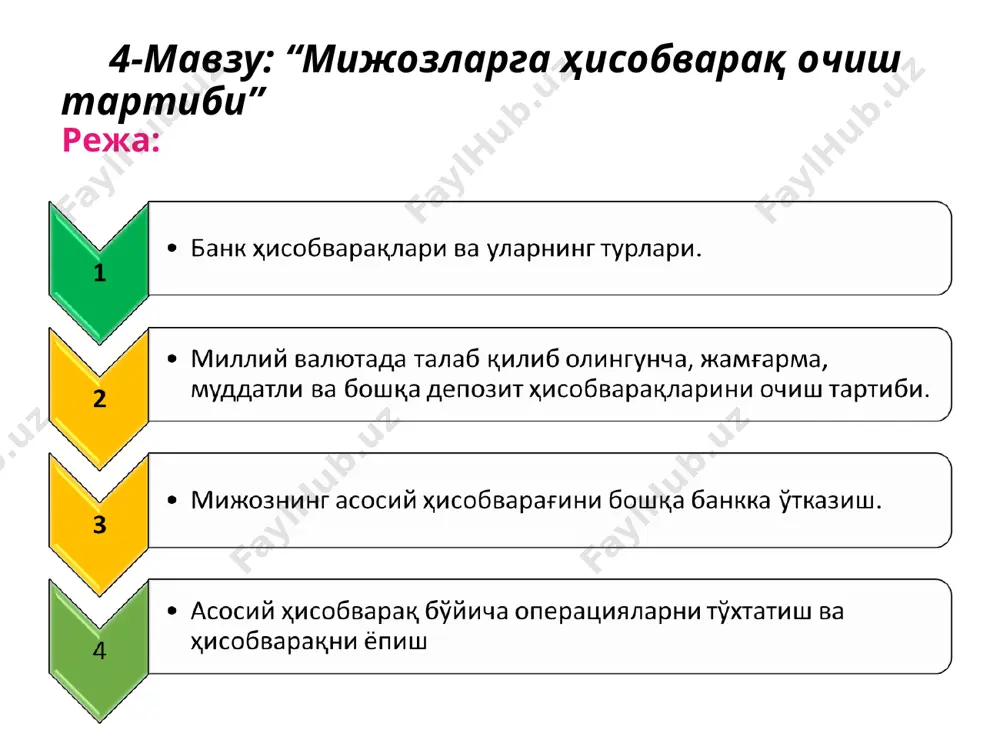 арақдаги маблағларни тасарруф этиш борасидаги топшириқларини ижро этиш шартлари, бу борадаги мижоз ҳамда банк ҳуқуқлари ва мажбуриятлари, банк хизматлари учун тўланиши лозим бўлган комиссиялар ҳамда бошқа шартлар белгилаб олинади. банк ҳисобварағи шартномасида мижозларнинг банк ҳисобварағига келиб тушган маблағларни киритиб қўйганлик учун (кредит айланмаси учун) воситачилик ҳақи ундириш борасида шарт белгиланиши тақиқланади. кичик тадбиркорлик субъектлари томонидан ўзбекистон республикаси давлат бюджетига уларнинг ҳисобварақларидан солиқларни ва бошқа мажбурий тўловларни тўлашда банклар хизматлари учун тўловлар ундирилмайди. * * мижозларга ҳисобварақлар очиш ва ёпиш, шунингдек ҳисобварақлардан маблағларни ҳисобдан чиқариш амалларини вақтинча тўхтатиб туриш ҳамда уларни қайта ҳаракатга келтириш шу куннинг ўзидаёқ амалга оширилиб, банк депозиторларининг миллий ахборотлар базаси орқали ўзбекистон республикаси давлат солиқ қўмитасига узатилади. хўжалик юритувчи субъектларнинг ҳисобварақ очиш учун асос бўлган ҳужжатлари, банк ҳисобварағи шартномаси, шунингдек унга киритилган ўзгартиришлар, таъсис ҳужжатлари (таъсис шартномаси, устав) ҳамда уларга киритилган ўзгартириш ва қўшимчаларнинг нусхалари, хорижий инвестициялар иштирокидаги корхоналар ва хорижий сармоя иштирокидаги бошқа корхоналарнинг таъсис ҳужжатлари …