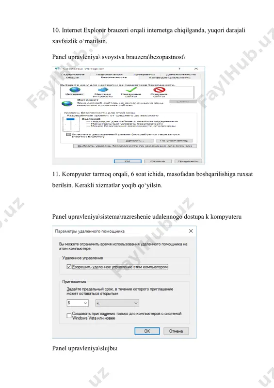 chun fayl matni shifrlab qo‘yilsin. faylni tanlab, svoystva\obщie bandi tanlansin. 6. faylning atributini yashirin (skrыtыy) qilib qo‘yilsin. faylni tanlab, svoystva bo`limi tanlansin. provodnikdan matn shifrlangan fayllarni boshqa rangda ajratib ko‘rinmaydigan qilib qo‘yilsin. provodnik\parametrы papok\vid bo`limidan vid bandi tanlansin. provodnikdan yashirin va tizimli fayllarni ko‘rinmaydigan qilib qo‘yilsin. provodnik\parametrы papok\vid faylni izlaganda doim fayl nomi va uning matni bo‘yicha izlashni amalga oshiring. provodnik\parametrы papok\poisk tajriba ish № 4 ishning maqsadi: talabalarga kompyuterni himoyalash va lokal tarmoq xizmatlari bo‘yicha ma`lumotlarni arhivlashni o`rgatishdan iborat. masalaning qo`yilishi: windows operasion tizimida arhivlash hizmatini tashkil etish va undan qanday qilib foydalanish masalalarini o`rganish. xurmatli talabalar bu tajriba ishimizda oddiy va tarmoq tizimida ish olib boradigan fayl va kataloglarni arxivlash mehanizimlari bilan tanishib o`tamiz. ishimizni quyidagi topshiriqlardan boshlaymiz. topshiriq: 1. kompyuterning fayl va kataloglarini arxivlashtirishda oddiy foydalanuvchiga bu ishni amalga oshirish man etiladi. buni bajarish uchun administratorga murojaat eting va ruxsat oling. · naznachenie prav polzovatelya(foydalanuvchiga foydalanish huquqi …