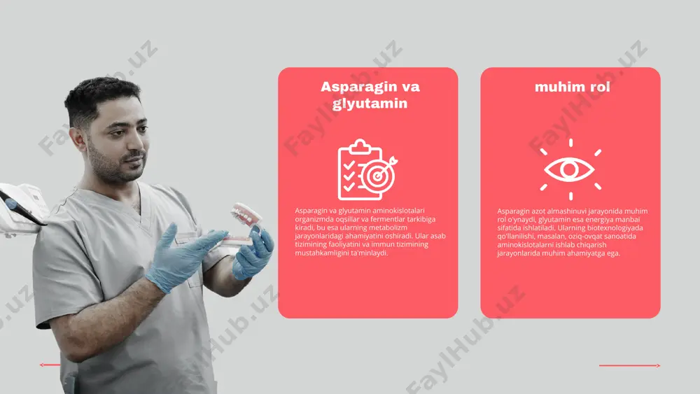 oshiradi. asparagin va glyutaminning biologik faoliyati ulardan hosil bo'lish jarayonlarida ham muhim ahamiyatga ega. kimyoviy tuzilishi reaktsiyalarga kirishishi asparagin va glyutaminning amaliyotdagi qo'llanishi oziq-ovqat, tibbiyot va biotexnologiya asparagin va glyutamin oziq-ovqat sanoatida oziq-ovqat mahsulotlarining ta'mi va sifatini oshirishda muhim rol o'ynaydi. ular ko'plab tayyor mahsulotlarda, masalan, sut, go'sht va non mahsulotlarida qo'llaniladi. ushbu aminokislotalar oziq-ovqatning saqlash muddatini oshirish va iste'molchilar uchun uning foydaliligini yaxshilashga yordam beradi. tibbiyot va farmatsevtika sohasida asparagin va glyutamin dori vositalarining ishlab chiqarilishida muhim ahamiyatga ega. ular immun tizimini qo'llab-quvvatlash, saraton kasalliklarida davolash jarayonini yaxshilash va stressni kamaytirishda qo'llaniladi. biotexnologik ishlab chiqarish jarayonida esa bu aminokislotalar fermentlar va metabolitlar sifatida muhim rol o'ynaydi. aminokislotalar, asparagin va glyutamin, organizmda muhim rol o'ynaydi. ular, oqsillarni tashkil etuvchi asosiy komponentlar sifatida biologik jarayonlarda ishtirok etadilar. biotexnologiyada bu aminokislotalar tibbiyot va oziq-ovqat sanoatida keng qo'llaniladi. ular, sog'liqni saqlash va oziqlanish sohalarida yutuqlarga erishish imkonini beradi. asparagin ishlab chiqarish jarayonida mikroorganizmlar …