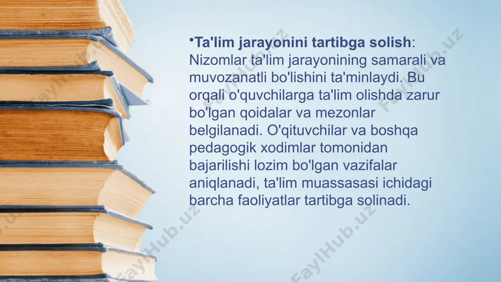 asasi tomonidan o'quvchilarni ta'lim olish jarayonida qanday fanlar va o'quv kurslari bo'yicha bilim olishlari kerakligini belgilovchi hujjatdir. o'quv dasturlari esa har bir fan bo'yicha aniq o'quv materiallari, maqsadlar va metodikalarga asoslangan o'quv faoliyatini rejalashtirishga yordam beradi. bu dasturlar o'quvchilarga har bir fanni o'zlashtirishda kerakli bilim va ko'nikmalarni taqdim etadi. darslar va sinovlar: o'quv jarayonining eng muhim qismlaridan biri darslar va sinovlardir. darslar o'quvchilarga bilim berish, ko'nikmalarni o'zlashtirish va yangi materiallarni o'rganishda asosiy vosita bo'lib xizmat qiladi. sinovlar o'quvchilarning o'zlashtirgan bilimlarini baholash va ta'lim jarayonining samaradorligini aniqlash uchun o'tkaziladi. sinovlar muntazam ravishda amalga oshiriladi. sinovlar imtihonlar, testlar yoki yozma ishlar shaklida bo'lishi mumkin. o'quvchilarning intizomi va darslarga qatnashish tartibi: o'quv jarayonida intizom muhim o'rin tutadi. o'quvchilarning intizomi ta'lim muassasasining muvaffaqiyatli ishlashini ta'minlashda katta ahamiyatga ega. o'quvchilar darslarga belgilangan vaqtda qatnashishlari, ta'lim jarayonida qat'iyatli va mas'uliyatli bo'lishlari kerak. o'quvchilarning darslarga qatnashish tartibi — bu darslarga qatnashishning belgilangan qoidalari va mezonlaridir. o'quvchilar darslarga …