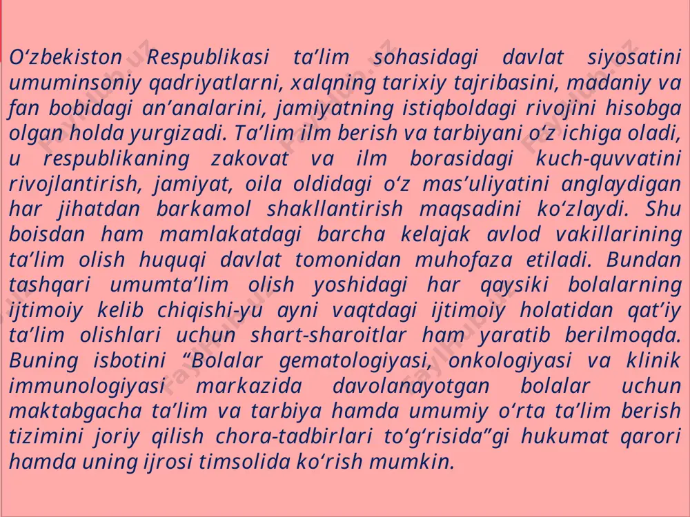 n bolalarning sifatli va uzluksiz ta’lim olish ro‘yobga chiqarish uchun ruhiy dalda berish va ko‘maklashishdir. gospital pedagogika - uzoq muddatli davolanishda bo‘lgan va sog‘lig‘i sababli ta’lim muassasalariga bora olmaydigan bolalar uchun ta’limni tashkil etish bilan bog‘liq pedagogika bo‘limi. kasalxona pedagogikasi pedagogikaning bir qismi sanalib, o‘z e‘tiborini o‘quvchilarning alohida toifasiga - uzoq muddatli davolanishga muhtoj bolalarga qaratadi. pedagogikaning ushbu sohasini amalga oshirish va rivojlantirishning murakkabligi idoralararo bog‘liqlik bilan bog‘liq: ta’lim, sog‘liqni saqlash va ijtimoiy himoya. bolani davolash jarayonida tibbiy va pedagogik texnologiyalarni uyg‘unlashtirish, ya’ni integratsiyalash har tomonlama reabilitatsiyani anglatadi. gospital pedagogikaning markaziy konsepsiyasi shifoxona maktabi - asosiy va qo‘shimcha umumiy ta’lim dasturlari bo‘yicha ta’lim faoliyatini amalga oshiradigan, tibbiy tashkilotda uzoq muddatli davolanishga muhtoj bo‘lgan bolalar o‘qitiladigan tashkilot sanaladi. uzoq muddatli davolanishda bo‘lgan bolaga nisbatan ta’lim faoliyatidagi shifoxona o‘qituvchisi - uzoq muddatli davolanishda bolalar bilan ishlash bo‘yicha maxsus tayyorgarlikdan o‘tgan pedagogik ma‘lumotga ega mutaxassis tomonidan amalga oshiriladi. . o‘z nomidan kelib chiqqan …