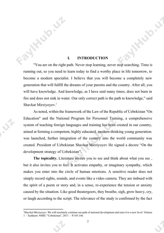 d, further integration of the country into the world community was created. president of uzbekistan shavkat mirziyoyev he signed a decree “on the development strategy of uzbekistan”. the topicality. literature invites you to see and think about what you see , but it also invites you to feel. it activates empathy, or imaginary sympathy, which makes you enter into the circle of human emotions. a sensitive reader does not simply record sights, sounds, and events like a video camera. they are imbued with the spirit of a poem or story and, in a sense, re-experience the tension or anxiety caused by the situation. like good theatergoers, they breathe, sigh, grow heavy, cry, or laugh according to the script. the relevance of the study is confirmed by the fact that much attention is paid to the study of the accentual structure of words in the english language. because stress or accent …