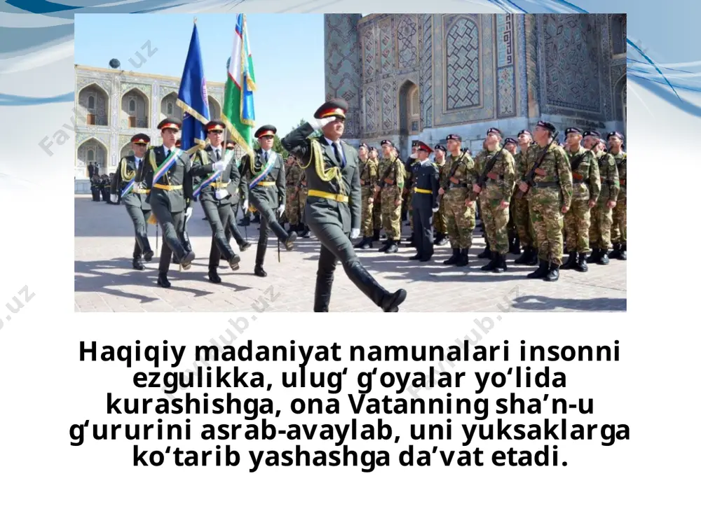 ni oladigan bo‘lsak, uning juda teran tarixiy, milliy, diniy ildizlari borligini ko‘rish mumkin. inson hushyorlik va ogohlik tuyg‘usini oshirish uchun doimo yonatrofi va dunyodagi voqealardan xabardor bo‘lib borishi kerak. vatanining tarixi, xalqining milliy qadriyatlari, boy madaniy merosini yaxshi bilishi zarur. vatan ishqi, vatan manfaati uning uchun har ishda, har qadamda bosh mezon bo‘lishi darkor. savol va topshiriqlar 1. «ommaviy madaniyat» deb ataladigan soxta narsalarning haqiqiy madaniyatga aloqasi bormi? 2. haqiqiy madaniyat namunasi bo‘lgan asarlar bizni nimaga da’vat etadi? 3. «ommaviy madaniyat» namunalari qanday oqibatlarga olib kelishi mumkin? 4. ma’naviy tahdid deganda, nimani tushunamiz? 5. bir zum loqaydlik va beparvolikka berilish nimaga sabab bo‘lishi mumkin? 6. ushbu rasmlardagi holatlar yoshlarning barkamol bo‘lib voyaga yetishida qanday ahamiyatga ega bo‘ladi? image2.jpg image3.jpeg image4.jpeg image5.jpeg image6.emf image7.jpeg image8.jpeg image9.jpeg image10.png image11.emf image12.jpeg image13.jpeg image1.jpg