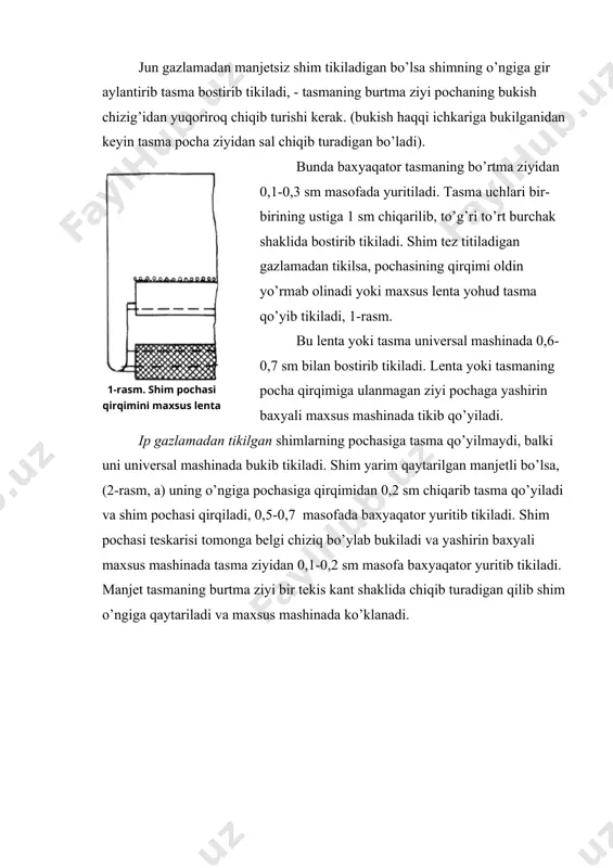 (bukish haqqi ichkariga bukilganidan keyin tasma pocha ziyidan sal chiqib turadigan bo’ladi). bunda baxyaqator tasmaning bo’rtma ziyidan 0,1-0,3 sm masofada yuritiladi. tasma uchlari bir-birining ustiga 1 sm chiqarilib, to’g’ri to’rt burchak shaklida bostirib tikiladi. shim tez titiladigan gazlamadan tikilsa, pochasining qirqimi oldin yo’rmab olinadi yoki maxsus lenta yohud tasma qo’yib tikiladi, 1-rasm. bu lenta yoki tasma universal mashinada 0,6-0,7 sm bilan bostirib tikiladi. lenta yoki tasmaning pocha qirqimiga ulanmagan ziyi pochaga yashirin baxyali maxsus mashinada tikib qo’yiladi. ip gazlamadan tikilgan shimlarning pochasiga tasma qo’yilmaydi, balki uni universal mashinada bukib tikiladi. shim yarim qaytarilgan manjetli bo’lsa, (2-rasm, a) uning o’ngiga pochasiga qirqimidan 0,2 sm chiqarib tasma qo’yiladi va shim pochasi qirqiladi, 0,5-0,7 masofada baxyaqator yuritib tikiladi. shim pochasi teskarisi tomonga belgi chiziq bo’ylab bukiladi va yashirin baxyali maxsus mashinada tasma ziyidan 0,1-0,2 sm masofa baxyaqator yuritib tikiladi. manjet tasmaning burtma ziyi bir tekis kant shaklida chiqib turadigan qilib shim o’ngiga qaytariladi …