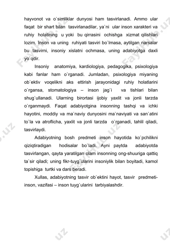 i, aksincha u o`z obyektini alohida elementlarga bo`lib o`rganadi. san`at esa o`z predmetini chinakam yaxlitlikda, jonli bir butunlikda olib tekshiradi. olim konkret xodisadan shu xodisaning muhim xususiyatlarini o`z ichiga qamrab oladigan abstraksiya tomon boradi, bunda predmetning bir butunligi saklanmaydi. inson adabiyotda butun murakkabligi, yaxlitligi bilan aks etadi. adabiyotning markazida inson - xis qiluvchi, fikrlovchi, xarakat qiluvchi, o`z atrofini qo`rshab olgan tashqi dunyo bilan bog`langan kishi turadi, holos. shunga ko`ra, m. gorkiy «badiiy adabiyotning materiali-odamdir» degan ( m.gorkiy, sobr. soch. v 30 tomax , t. 27, m. 1953, str.254), adabiyotni, xatto,»insonshunoslik» deb atashni tavsiya qilgan (m.gorkiy sobr. soch. v 30 tomax , t.25, str 311). shunday qilib, yozuvchi o`z asarida butun voqelikni va butun murakkab hayotiy munosabatlarni konkret inson hayoti kartinalari orqali badiiy ifodalaydi. adabiyotning bilish predmeti - voqelik, hayot; tasvir obyekti- inson va uning vazifasi- kishilarni tarbiyalash. ta`kidlash kerakki, badiiy asar qaxramoni kitobxon qalbini xar qancha xayajonga solmasin u uquvchi …