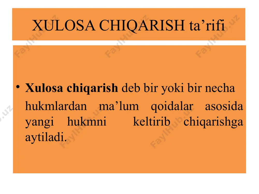 ukm bo’lishi kerak. 2. asoslardan biri umumiy hukm bo’lishi kerak. 2. asoslardan biri inkor hukm bo’lsa xulosa ham inkor hukm bo’ladi. 3. asoslardan biri juz’iy hukm bo’lsa xulosa ham juz’iy hukm bo’ladi. sillogizmning umumiy qoidalari terminlarga oid qoidalar: 1. sillogizm 3ta termindan iborat bo’ladi. 2. asoslarda taqsimlanmagan termin xulosada ham taqsimlanmagan bo’ladi. 3. o’rta termin asoslardan birida taqsimlangan bo’lishi kerak. sillogizm 3ta termindan iborat bo’ladi. qonunlar insonlar tomonidan yaratilmaydi. qonun davlat hokimiyatining oliy organi tomonidan qabul qilingan normativ akt. 2-qoida axloqiy normalar(m) davlat tomonidan sanksiyalanmaydi.(p+) axloqiy normalar(m) ijtimoiy tartibga keltirish shakillaridir.(s-) ---------------------------------------------------------- ba’zi ijtimoiy tartibga keltirish shaklllari (s-) davlat tomonidan sanksiyalanmaydi.(p+) 3-qoida o’rta termin asoslardan hech bo’lmaganda birida taqsimlanmagan bo’lsa, chetki terminlar o’rtasidagi munosabat noaniq bo’ladi. “ba’zi yuristlar(m-) advokatlar kollegiyasining a’zolaridir(p). jamoamizning hamma a’zolari(s) yuristlardir(m-).” sillogizm asoslaridan biri tasdiq hukm bo’lishi kerak ikki inkor nukmdan zaruriylik bilan xulosa chiqmaydi. “universitetimiz talabalari(m) biologiyani o’rganmaydilar(p). iti hodimlari (s) bizning universitetimiz talabalari emas(m).” …