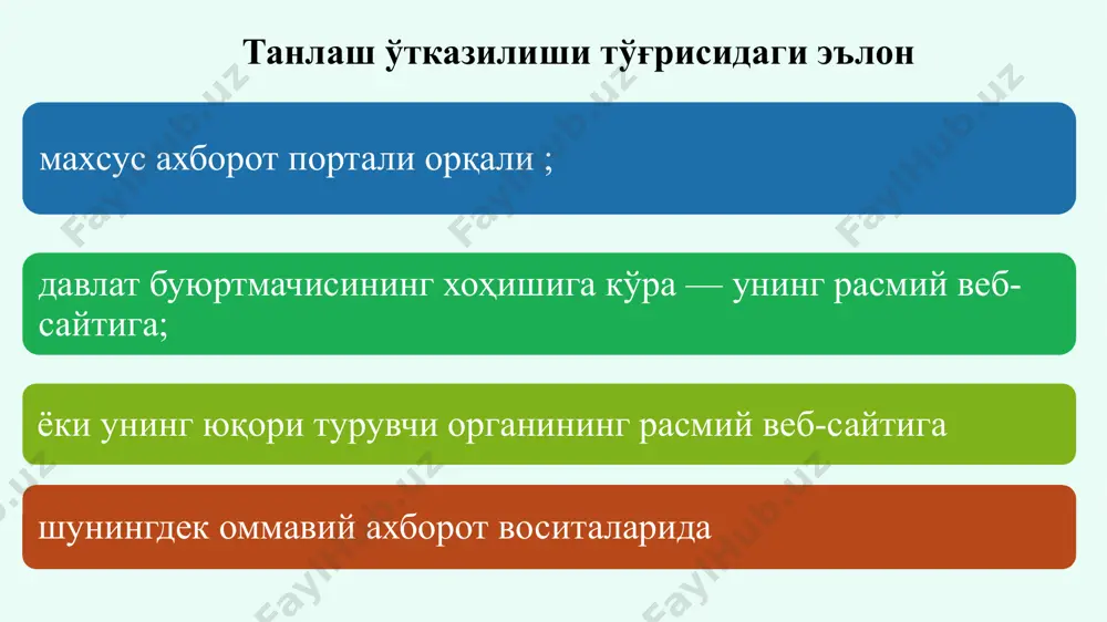 ; фавқулодда ҳолатларни бартараф этиш мақсадида ўзбекистон республикасининг эҳтиёжларини таъминлаш учун зарур бўлган товарларнинг (ишларнинг, хизматларнинг) давлат хариди; нархи (тарифи) давлат томонидан тартибга солинадиган товарларнинг (ишларнинг, хизматларнинг) давлат хариди ва бошқалар давлат буюртмачиси томонидан харид комиссиясига тақдим этилган муҳокама натижалари тўғрисидаги ахборот асосида харид комиссиясининг тегишли мажлиси баённомаси расмийлаштирилади ва имзоланган кундан бошлаб уч иш куни ичида давлат харидларининг электрон тизимига жойлаштирилади. 15 танлаш натижалари бўйича тузилган шартнома тўғрисидаги ахборот давлат буюртмачиси томонидан махсус ахборот порталига у тузилган кундан бошлаб уч иш кунидан кечиктирмай жойлаштирилади танлаш натижаларини расмийлаштириш танлаш натижаларига доир шартнома танлаш бўйича харид қилиш ҳужжатларида ва ўзи билан шартнома тузилаётган танлаш иштирокчиси томонидан тақдим этилган таклифда назарда тутилган шартлар асосида тузилади. давлат буюртмачиси томонидан танлаш бўйича харид қилиш ҳужжатларида ғолиб шартноманинг шартлари бажарилиши таъминотини тақдим этганидан кейин шартнома тузилишини назарда тутувчи шарт қўйилиши мумкин. 16 ғолиб шартнома тузишни рад этган тақдирда унга закалат суммаси қайтариб берилмайди. агар харид …