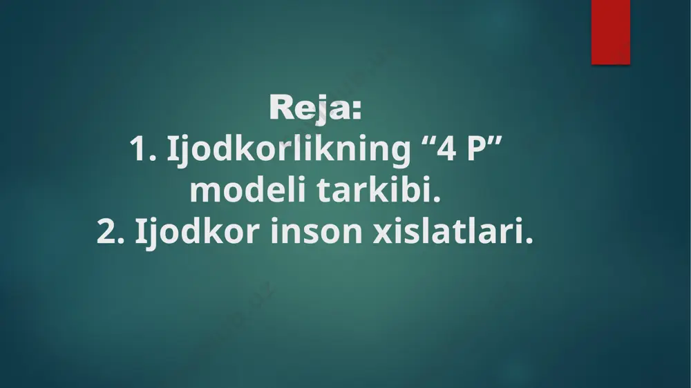 resurslar va ilg’or tajribalar. ijodkorlik dunyoqarashni kemgaytirish, yangi va hayajonli narsalar qilish va o’z imkoniyatlarini to’liq ishga solishimizga bir qadam yaqinlashtiradigan tarzda o’zimizni jalb qilishimizga imkon beradi. xo’sh, aynan nima insonni ijodkor qiladi? ba’zi odamlar shunchaki kreativ bo’lib tug’ilishadimi yoki bu siz rivojlantira oladigan qobiliyatmi? ijodiy yechimga muhtoj bo’lgan muammo 1870 yillarda gazeta va printerlar juda g’alati va juda qimmatga tushadigan muammoga duch kelishdi. fotosuratlar o’sha paytda yangi va hayajonli vosita edi. o’quvchilar ko’proq rasmlarni ko’rishni xohlashdi, ammo hech kim rasmlarni qanday qilib tez va arzon bosib chiqarishni tushunolmadi. aql-idrok chirog’i ives nyu-yorkning itaka shahrida shogird sifatida ish boshlagan. ikki yil bosib chiqarish jarayonining nozik tomonlarini o’rganib chiqib, u yaqin atrofdagi kornell universitetidagi fotografiya laboratoriyasini boshqarishni boshladi. qolgan o’n yillikda u fotosuratlarning yangi texnikalarini sinab ko’rishga va kameralar, printerlar va optikalarni o’rganishga sarfladi. ijodiy jarayonning 4 bosqichi 1940 yilda jeyms uebb yang ismli reklama boshqaruvchisi “g'oyalarni ishlab chiqarish texnikasi” nomli …