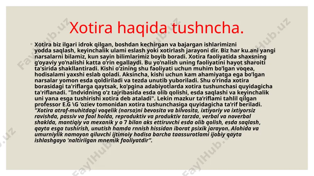 ’rinishi, ovozi va munosabatlarini o’z onasiga o’xshatishi mumkin. keyinchalik bola onasini ko’rganda, mudira opasini va aksincha mudira opasini ko’rganda onasini eslaydigan bo'lib qoladi. bu ikkala odamning bola tasawuridagi obrazlari o’rtasida assosiasiya hosil bo’ladi, hozirgi idrok qilinayotgan narsalar bilan ilgari idrok qilinayotgan narsalar o’rtasida qarama-qarshi belgilar va xususiyatlar bo’lsa, bunday narsalar o’rtasida qarama-qarshilik assosiasiyasi yuz beradi. masalan yoz-qish, issiq-sovuq kabi narsalar o’rtasida qarama-qarshilik assosiasiyalari hosil bo’lad 3.xotira turlari xotira insonning holati va faoliyatining barcha sohalarida qatnashishi tufayli uning namoyon bo’lish shakllari, holaflari, shart-sharoitlari, omillari ham xilma-xil ko’rinishga egadirlar. odatda xotiiani muayyan turlarga ajratishda eng muhim asos qilib uning tavsifnomasi sifatida esda olib qolish, esda saqlash, esga tushirish, unutish singari jarayonlami amalga oshiruvchi faoliyatining xususiyatlariga bog’liqligi olinadi. shu o’rinda ta'kidlash joizki, ayrim darsliklarda xotira turiari turlicha klassifikasiya qilinadi. jumladan, a.v.petrovskiy tahriri ostida chiqqan "umumiy psixologiya" darsligida quyidagi klassifikasiya uchraydi: > faoliyatda ko'proq sezilib turadigan psixik faollikning xususiyatiga qarab: harakat, emosional, obrazli va …