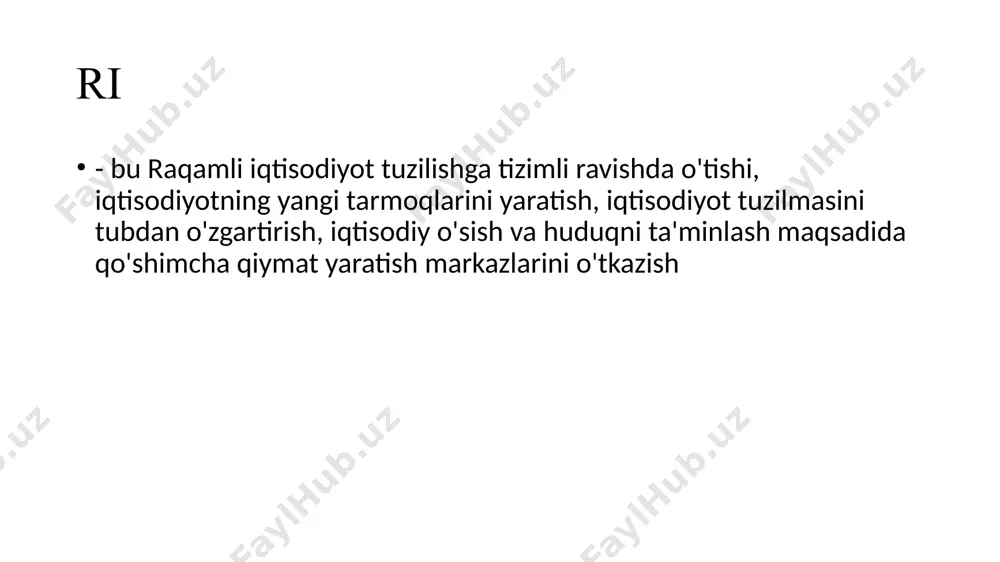 yalari -uch o‘lchovli tasvirni yoki makonni kompyuterda modellashtirish uchun texnologiyalar, bunda insonsintetik (“virtual”) atrof-muhit bilan o‘zaro sezgir qaytaraloqa qiladi. kengaytirilgan reallik texnologiyalari -foydalanuvchi tajribasi va interfaol imkoniyatlarini yaxshilash uchun grafik yoki ovozli tarkibni yopish orqali jismoniy dunyoga ma’lumot yoki vizual effektlarni qo‘shishga asoslangan vizual texnologiyalarni qamrab oladi. . qo‘shimcha texnologiyalar -bu murakkab geometrik shakllar va profillar mahsulotlarini ishlab chiqarish imkonini beradigan raqamli modellari ("egizaklar") asosida uch o‘lchovli ob’ektlarni yaratish uchun qatlamli texnologiyalarni tashkil qiladi. superkompyuter texnologiyalari -bu parallel va taqsimlangan (panjara) ma’lumotlarni qayta ishlash va yuqori o‘tkazuvchanlik tamoyillaridan foydalangan holda yuqori samaradorlik bilan hisoblashni ta’minlaydigan texnologiyalardan iborat. 7) sanoat interneti -sensorlar bilan jihozlangan bir-biri bilan yoki tashqi muhit bilan insonning aralashuvisiz ishlashga qodir bo‘lgan ishlab chiqarish sohasidagi qurilmalarni birlashtiradigan ma’lumot uzatish tarmoqlarini tashkil etadi. 8) robototexnika komponentlari (sanoat robotlari) -sensorlar va sun’iy aql asosida qurilgan, atrof-muhitni idrok etadigan, ularning harakatlarini nazorat qila oladigan va uning o‘zgarishiga moslasha oladigan uch yoki …