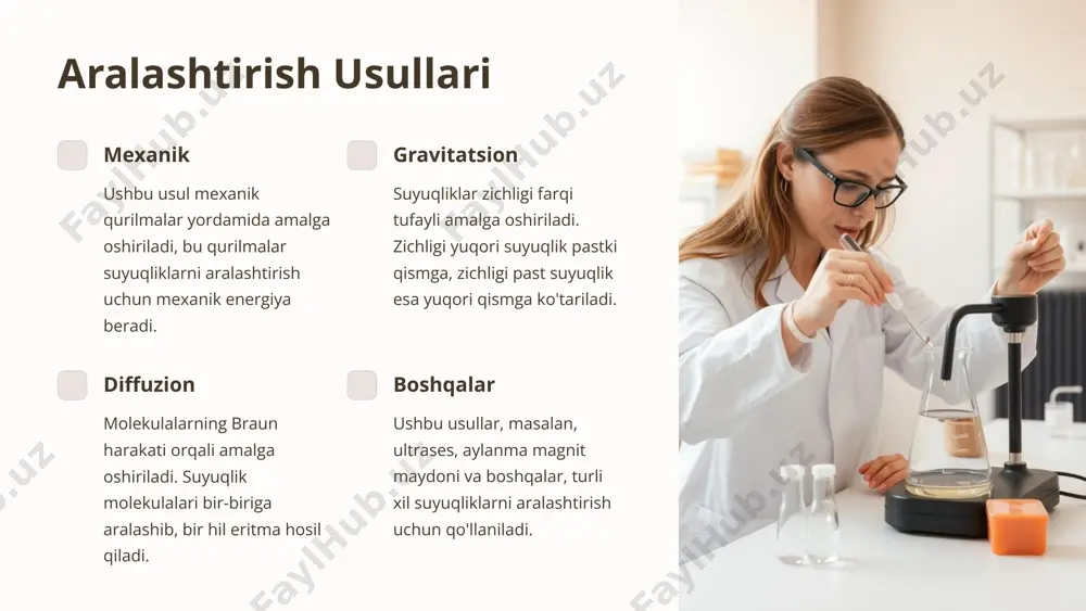 oviy xavfsizlik ba'zi suyuqliklar zaharli yoki yeyuvchi bo'lishi mumkin, shuning uchun aralashtirish jarayoni xavfsizlik choralariga rioya qilgan holda olib borilishi kerak. shaxsiy himoya vositalari aralashtirish jarayonida qo'lqop, ko'zoynak va boshqa shaxsiy himoya vositalaridan foydalanish kerak. ventilyatsiya yaxshi ventilyatsiya tizimi aralashtirish jarayonida toksik bug'lar va gazlarning to'planishini oldini oladi. 9 xulosa va tavsiyalar suyuqliklarni aralashtirish usullari turli xil bo'lib, har bir usul o'ziga xos xususiyatlarga ega. to'g'ri aralashtirish usulini tanlash suyuqliklarning samarali aralashishiga va xavfsiz ish muhitiga imkon beradi. shuningdek, aralashtirish jarayonida xavfsizlik choralariga rioya qilish juda muhim. 10 image1.png image2.png image3.png image4.png image5.png image6.png image7.png image8.png image9.png image10.png image11.png image12.png image13.png image14.png image15.png image16.png image17.png image18.png