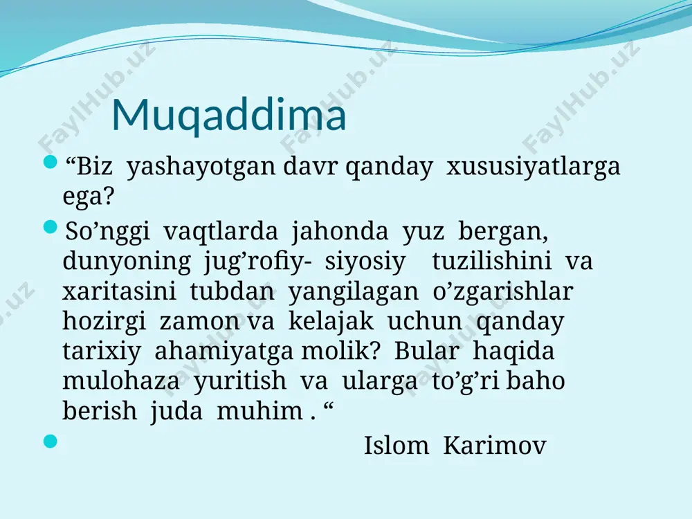 ri ham uning yo’ldan ozdiruvchi ta’siriga tushib qoladi. korrupsiya vujudga kelib u eng avvalo uyushgan jinoiy tuzilmalarga madadkor bo’lish yoki to’g’ridan-to’g’ri yordam berish uchun davlat xizmatining imkoniyatlaridan foydalanadi. mahalliychilik va urug’-aymoqchilik munosabatlari mahalliychilik va separatizm keltirib chiqaradigan yana bir tahdid shundan iboratki, mahalliychilik va urug’-aymoqchilikka asoslangan ziddiyatlar mintaqamiz sharoitida millatlararo va etnik mojarolarga aylanib ketishi yoki bunday mojarolarni yuzaga keltirishi mumkin. barcha mintaqalar , barcha etnik va ijtimoiy guruhlarning manfaatlari ortasida muvozanat saqlanishini doimo hisobga olish zarur. barqarorlik shartlari hamda taraqiyot kafolatlari ma’naviy qadriyatlar va milliy o’zlikni anglashning tiklanishi. biz ma’naviy qadriyatlarni tiklashni milliy o’zlikni anglashning o’sishidan, xalqning ma’naviy sarchashmalariga, uning ildizlariga qaytishdan iborat uzviy, tabiiy jarayon deb hisoblaymiz. tarixiy tajriba , an’analarning meros bo’lib o’tishi- bularning barchasi yangidan-yangi avlodlarni tarbiyalaydigan qadriyatlarga aylanib qolmog’i lozim. davlatchilikni shakllantirish va mudofaa qobiliyatini musthkamlash hozirgi vaqtda demokratik siyosiy tizimning eng muhim sub’ekti bo’lmish davlatchilikni isloh qilishda yangi vazifalar ko’ndalang turibdi. bu avvalambor hozirgi …