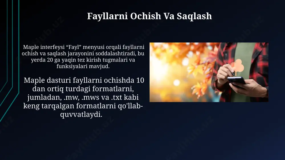 ish nuqtalarini va boshqa muhim parametrlarini aniqlash mumkin, bu esa hisob-kitoblarni tezlashtiradi va aniqlikni oshiradi. maple, 10⁶ gacha bo'lgan katta hajmdagi ma'lumotlar to'plamlarini samarali ravishda qayta ishlash va ularning grafik tasvirini yaratish imkoniyatini taqdim etadi, bu esa katta hajmdagi ma'lumotlarni tahlil qilishni soddalashtiradi. xavfsizlik va maxfiylik maple paketining ichki xavfsizlik siyosati, har qanday noqonuniy kirish urinishlarini aniqlash va blokirovka qilish uchun, kuniga o'rtacha 5000 dan ortiq xavfsizlik tekshiruvlarini amalga oshiradi. maple dasturiy ta'minoti foydalanuvchilar ma'lumotlarining 256-bitlik aes shifrlash algoritmi yordamida himoyalanishini ta'minlaydi, bu esa yuqori darajadagi ma'lumotlar xavfsizligini kafolatlaydi. qo'shimcha imkoniyatlar va plaginlar plaginlarni o'rnatish va yangilash jarayoni soddalashtirilgan bo'lib, foydalanuvchilarga 3 bosqichda kerakli plaginlarni tezda yuklab olish va faollashtirish imkoniyatini beradi. maple dastur to'plami 10 dan ortiq qo'shimcha plaginlarni qo'llab-quvvatlaydi, ularning har biri ma'lumotlarni tahlil qilish va vizualizatsiya qilish imkoniyatlarini kengaytiradi. murakkab hisoblashlarni bajarish murakkab hisoblashlarda 10^6 gacha bo'lgan aniqlik darajasini ta'minlaydi, natijada yuqori aniqlikdagi hisob-kitoblar amalga oshiriladi. maple, …