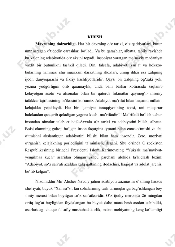 dunyoga tarannum qilgan o‘lmas so‘z san'atkoridir. ta'bir joiz bo‘lsa, olamda turkiy va forsiy tilda so‘zlovchi biron bir inson yo‘qki, u navoiyni bilmasa, navoiyni sevmasa, navoiyga sadoqat va e'tiqod bilan qaramasa"2. navoiyning "xazoyin ul-maoniy", "devoni foniy", "nazm ul-javohir" kabi she'riy asarlari, "xamsa", "lison ut-tayr" kabi dostonlari, "mahbub ul-qulub", "tarixi muluki ajam", "tarixi anbiyo va hukamo", "nasoyim ul- muhabbat" kabi asarlarida inson odobi, xulq-atvori, yaxshilik va yomonlik, vafo va xiyonat, rostgo‘ylik va yolg‘onchilik, saxovat va baxillik, adolat va zulm kabi ko‘plab tushunchalar tasvirlab berilgan. bu asarlardagi har bir mavzu yetuk, komil insonlarni tarbiyalashda muhim o‘rin tutadi. navoiy "xamsa"si, "lison ut-tayr", "mahbub ul-qulub", "tarixi anbiyo va hukamo", "tarixi muluki ajam" asarlarida 2 karimov i.a. yuksak ma'naviyat - yengilmas kuch. toshkent: "m'anaviyat", 2008. 47-bet. ko‘plab hikmatlar bor. bu hikmatlarning barchasida buyuk mutafakkirning olam va odam, yaratgan va yaratilmish, o‘lim va hayot bilan bog’liq qarashlari aks etadi. ushbu hikmatlarning barchasini alohida-alohida o‘rganish, ularning manbalarini aniqlash, …