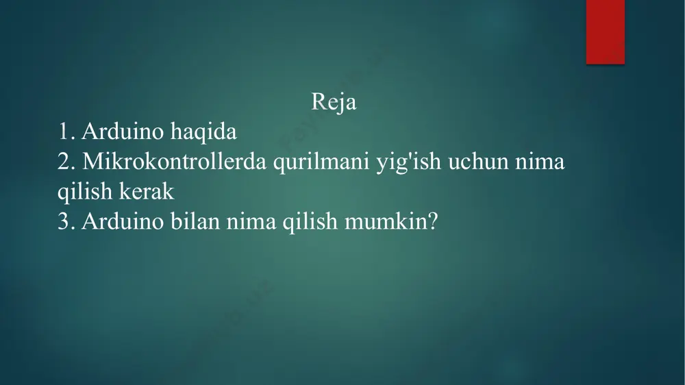 agi dasturiy ta'minot bilan o'zaro ta'sir qilishi mumkin. platalar to'lovni sotib olish va yig'ish paytida foydalanuvchi o'zi tomonidan olinishi mumkin. dasturiy ta'minot bepul yuklab olish uchun mavjud. asosiy chizma sxemasi (sapr fayli) foydalanuvchilar foydalanishi uchun ochiqdir. due 32 bitli cortex-m3 arm sam3u4e mikroprotsessoriga asoslangan yangi platadir. leonardo - bu atmega32u4 mikrokontrolleridagi arduno platformasining so'nggi versiyasi. ... micro - bu atmega32u4 asosidagi yangi ixcham yechim. uno arduino usb bazasi platformasining eng mashhur versiyasidir. platalar turlari arduino bilan nima qilish mumkin? arduino asosida siz mustaqil va kompyuterga ulangan loyihalarni yaratishingiz mumkin. dastur elementlarining millionlab mumkin bo'lgan kombinatsiyalari faqat inson tasavvuri bilan cheklangan. qurilma biriktiriladigan va dasturlashtiriladigan sensorlar yordamida atrofdagi dunyo haqidagi ma'lumotlarni qabul qilish va qayta ishlashga qodir, masalan: yomg'ir sensori, masofa sensori, harorat sensori, siz tizimni ma'lum bir o'zgarishlarga tezda javob berish uchun dasturlashingiz mumkin, siz quyidagilarni boshqarishingiz mumkin: yorug'lik va turli xil disklar. tizim uyda va sanoatda foydalanish uchun javob …