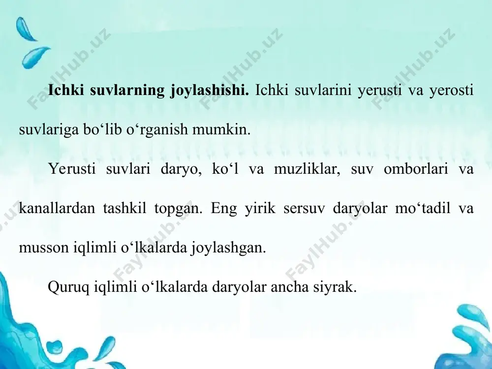 0 m) ko‘l ham shu materikdadir. hosil bo‘lishiga ko‘ra, tektonik (baykal, jeneva, issiqko‘l), to‘g‘onli (sarez), vulqonli, morena ko‘llari mavjud. hozirgi zamon muzliklari chuchuk suvlarning asosiy manbayidir. shulardan biri pomir tog‘idagi fedchenko muzligi. uning uzunligi 72 km, qalinligi o‘rta qismida 1 000 m, eni 1 700 — 3 100 m suv oqimiga ko‘ra ko‘llar oqar (baykal, onega), oqmas (issiqko‘l, balxash, kaspiy, orol) ko‘llarga bo‘linadi. sun’iy ko‘llar ham mavjud. materik yerosti suvlariga ham boy. yirik tekisliklarning tagida yerosti suvlarining juda katta zaxirasi bor. geyzerlar, buloq suvlari ham yerosti suvlarini tashkil etadi. ko‘p yillik muzloq yerlar yevrosiyoning shimoliy qismida katta maydonlarni egallaydi. ular yerosti suvi bilan cho‘kindi tog‘ jinslarining muzlashidan hosil bo‘ladi. ularning harorati doimo 0 °c dan past. doimiy muzloq yerlarning qalinligi janubdan shimol tomonga ortib boradi (0 — 1 500 m).
