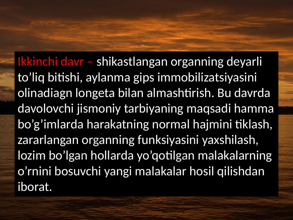 ha marta aktiv mashqlar berilib, passiv mashqlar qo’shib boriladi). ikkilamchi chok solingandan so’ng tikilgan to’qimalarni cho’zib yirtmaydigan mashqlar qo’llaniladi yumshoq to’qimalarning zararlanishi chokka yaqin bo’g’im harakatlari amplitudasi uncha katta bo’lmasdan, sekin tempda bajarilishi kerak. chokdan pastroqdagi bo’g’imlarga ancha kuchli mashqlar beriladi. chok iplari olingandan so’ng mashqlar to’liq amplitudada bajariladi. infeksiya aralashgan hollarda davo fizkulturasi bemorning ahvoli yaxshilangandan keyin qo’llaniladi, umumquvvatlantiruvchi mashqlar, simmetrik tomondagi sog’ oyoq-qo’lga mashqlar beriladi. jarohat bitgan sari shikastlangan soha muskullari mashq qildiriladi.davo gimnastikasi chandiq to’qimaning normal rivojlanishiga yordam beradi. umurtqa pog’onasi deformatsiyalarida davolovchi jismoniy tarbiya umurtqa pog’onasining old-orqa (lordoz – oldinga qiyshayish, kifoz – orqaga qiyshayish) va frontal (skolioz – yonga qiyshayish) tekislikdagi deformatsiyalari farqlanadi. shakl jihatdan skoliozlarni bir tomon, ikki tomon, o’ng yoki chap tomon, k’okrak, bel va hokazolarga bo’linadi i darajali skolioz i darajali skolioz – umurtqa pog’onasi ozgina qiyshaygan bo’lib, kurak va kiftlar noto’g’ri turadi. aktiv ravishda qadni ko’targanda skolioz yo’qoladi, ya’ni o’zgarishlar funksional …