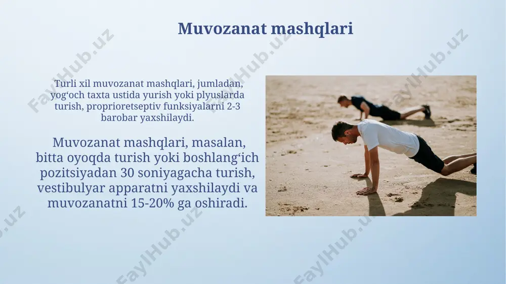 lan bajarilishi tavsiya etiladi. mashqlarning ta'siri mashqlar yurak-qon tomir tizimining samaradorligini 20-30% ga oshiradi, qon bosimini pasaytiradi va yomon xolesterin miqdorini kamaytiradi, shu bilan yurak xastaliklari xavfini sezilarli darajada qisqartiradi. muntazam jismoniy mashqlar mushak massasini 10-15% ga oshirib, suyak zichligini yaxshilaydi va tana tarkibini optimallashtiradi, natijada metabolizm tezlashadi va vazn nazorati yaxshilanadi. moslashuvchanlik mashqlari stretching mashqlari, masalan, yoga yoki pilates, moslashuvchanlikni oshirish bilan birga, tananing postural nazoratini yaxshilaydi va 30% ga yaqin muvozanani yaxshilaydi. regular ravishda bajariladigan moslashuvchanlik mashqlari, haftasiga kamida 3 marta, qon aylanishini yaxshilaydi va mushaklarning elastikligini 20-25% ga oshiradi. to'g'ri nafas olish to'g'ri nafas olish, aerobik mashqlar paytida, 1:2 nisbatda (nafas olish:nafas chiqarish) bajarilishi kerak, bu esa organizmning kislorod bilan to'yinganligini optimallashtiradi. to'g'ri nafas olish yurak urishi tezligini 10-15% ga kamaytirib, jismoniy mashqlar paytidagi charchoqni sezilarli darajada pasaytiradi va ishlash samaradorligini oshiradi. kardio mashqlari kardio mashqlari turli xil intensivliklarda, masalan, yengil yugurishdan intensiv intervalli mashqlarga qadar, bajarilishi …