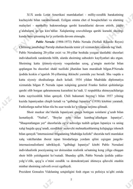 ni cqizgan jangchi-internasionalistlarni tabriklaydi. "qalbdagi ispaniya" kitobi pablo nerudani individualistik poeziyaning tor doirasidan realistik sa'natning keng yiliga chiqqan shoir bilib yetishganini ko’rsatadi. shunday qilib, pablo neruda ijodida yakka-yolg’o’zlik, qayg’u o’rnini ozodlik va demokratiyani shimoya qiluvchi otashin minbar shoirning zalvorli ovozi egallaydi. prezident gonsalos videlaning sotqinligini fosh etgan va polisiya ta’qibi ostida yurgan pablo nerudaning oddiy kishilarga bag’ishlab yozgan ajoyib asarlaridan biri "baharo’yat qishig’i" (1950) epopeyasida amerikaning eng qadimgi davridan tortib to shozirgi kungacha bilgan tarixi aks etgan.epopeya xv bobdan iborat. uning 1 bobi ("er nuri")da amerikaning tabiati - isimliklar dunyosi, hayvonlari, qushlari, yer osti oyliklari, daryolari va qabilalari haqida hikoya qilinadi. "istilochilar" deb atalgan uchinchi bobda markaziy va janubiy amerikani zabt etib, uning xalqlarini qirib tashlagan va qul qo’lgan ispan konkvistodor-fotishlari haqida gapiriladi. epopeyaning to’rtinchi bobi - "xaloskorlar"da chet el bosqinchilari zulmiga qarshi otlangan mashalliy xalqlarning ozodlik urushi tasvirlangan. bunday kurashga kuautemon (meksika), lautro (chili), tupok amaru (peru) boshchilik qiladilar. …