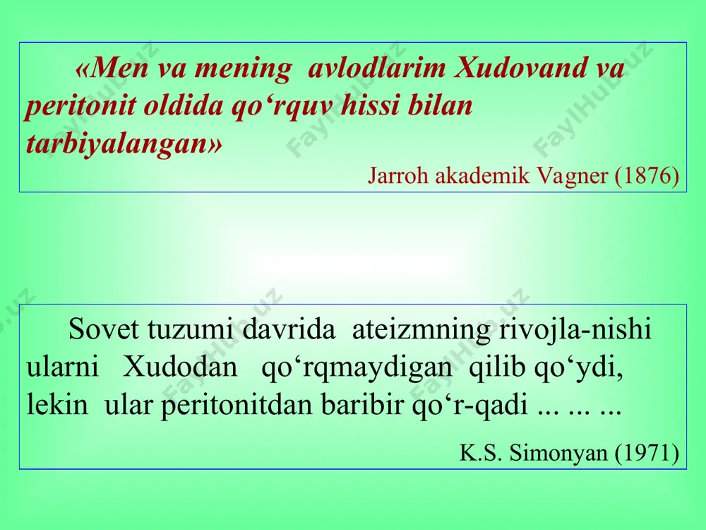 xomiladorligi tuxumdon kistasini yorilishi. peritonit sabablari o‘tkir gangrenoz appendisit. me'da flegmonasi kron kasalligi ko‘r ichak flegmonasi me'da osti bezi abssessi churra qisilishi. rixter qisilishi savchuk b.d. klassifikasiyasi (1979) i. mahalliy peritonit. 1) chegaralangan 2) chegaralanmagan. ii. tarqalgan peritonit. 1) diffuz 2) tarqalgan. kechishi bo‘yicha reaktiv (24 soatgacha) toksik (24-72 s.) terminal (72 s. va ko‘p.) mikroflora virulentligi jarayonning tarqalganligi kasallik bosqichi organizm reaktivligi o‘tkir peritonit klinik kechishi bog‘liq jarayon lokalizasiyasi peritonit etiologiyasi o‘tkir peritonit belgilari: mahalliy umumiy o‘tkir peritonit doimiy simptomlari o‘tkir peritonit doimiy bo‘lmagan simptomlari qorinda og‘riq, pal'pasiyada og‘riqli bo‘lishi shetkin-blyumberg simptomi qorin old devori tarangligi quruq va oq karashli til ko‘ngil aynishi, qayt qilish, chanqash gippokrat yuzi ichaklar parezi, ahlat va gaz tutilishi nafas xarakterini o‘zgarishi tana haroratini ko‘tarilishi, haroratni pul'sdan ortda qolishi «qaychi simptomi» to‘g‘ri ichak orqali tekshirilganda og‘riqli qonda leykositoz, leykositar formulani chapga siljishi, echt ni ko‘tarilishi siydikdagi o‘zgarishlar peritonitning doimiy belgilari o‘tkir peritonit diagnostikasi shikoyatlari …