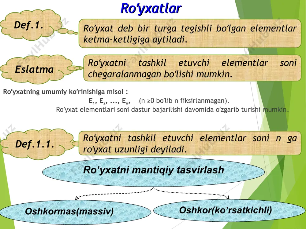 ro’yhatning eng so’nggi elementi hisoblanadi. def.5. bog’langan ro’yhatda yana shunday bir ko’rsatkich mavjud bo’lib, u ro’yhat boshini ko’rsatadi (lst). lst=null def.3. * ro’yhatda element manzilini ro’yhatdagi raqami bo’yicha aniqlash murakkab; ko’rsatkichlar maydoniga qo’shimcha xotira vzarur bo’ladi ( massivda kerak emas); ro’yhatda ishlash massivga nisbatan sekinroq amalga oshadi (sababi, ro’yhat elementiga murojaat undan oldingi elementlar orqali bo’ladi); ro’yhat elementlari xotirada tartibsiz joylashgan, bu esa protsessorni keshlashtirishga salbiy ta’sir ko’rsatadi; bog’langan ro’yhatlarda vektor amallarni bajarish qiyinroq (masalan, yig’indini hisoblash); ro’yhatning kamchiligi ro’yhatning afzalligi elementlarni qo’shish, o’chirish qulay va oson; ro’yhat uzunligi faqatgina kompyuter hotirasi xajmi va ko’rsatkich razryadiga bog’liq; elementlarni dinamik tarzda qo’shish va o’chirish mumkin. * bog’langan royhatlar chiziqli chiziqsiz бир боғламли ikki bog’lamli bir bog’lamli ko’p bog’lamli ikki bog’lamli izoh chiziqli ro’yhatlarda elementlar orasidagi bog’liqlik qat;iy tartiblangan bo’lib, element ko’rsatkichi o’zidan navbatdagi yoki oldingi element adresini o’z ichiga oladi. * misol. chiziqli ro’yhat bog’langan ro’yhatlar ustida amallar ro’yhatga yangi element …