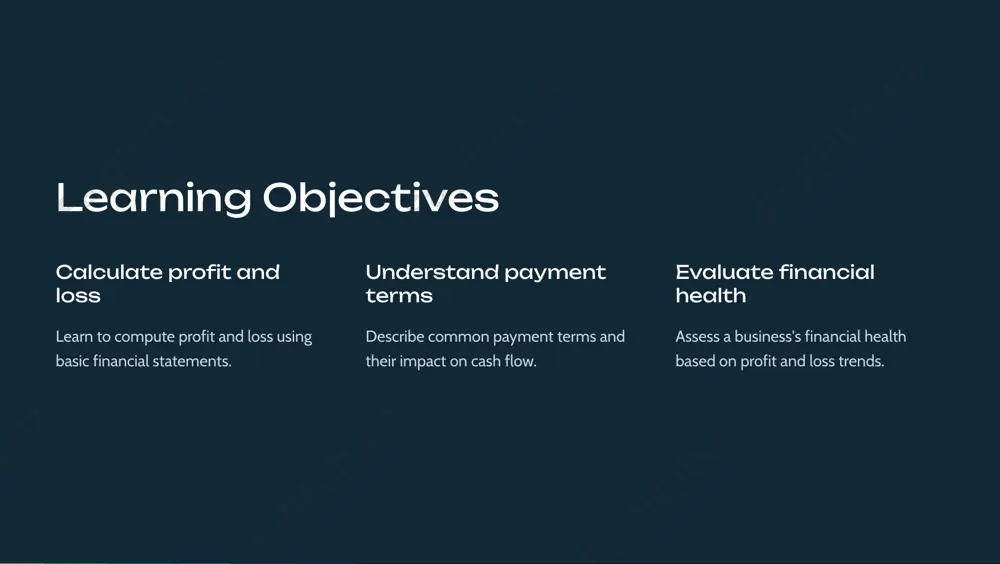 receivable and accounts payable accounts receivable the money owed to a business by its customers for goods or services delivered. accounts payable the money owed by a business to its suppliers for goods or services received. evaluating financial health assessing a business's financial health requires analyzing various financial metrics. profit and loss trends analyzing profit and loss trends over time can provide insights into the business's performance and growth potential. profit margin analysis profit margin analysis measures a business's profitability by comparing profit to revenue. liquidity and solvency ratios liquidity ratios measure a business's ability to meet short-term obligations. solvency ratios measure a business's ability to meet its long-term financial obligations. case study: analyzing a business's financials 1 review the company's income statement and balance sheet. 2 analyze profit and loss trends over the past few years. 3 calculate key financial ratios, including liquidity and solvency ratios. 4 draw conclusions …