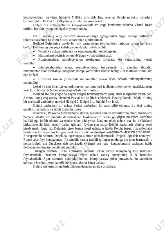 maxsus aynan windows uchun yaratilgan. bu paytda borland firmasi delphi da kliyent–server ni yaratmoqchi edi. xuddi powerbilder ga o‘xshab. lekin bu kversiyada bu ta’minotga to‘la ega bo‘la olmadi. delphi 3 – bu versiyada yuqoridagi versiyalardan farqli o‘laroq malumotlar bazasi arxitekturali kliyent- server ni qo‘llab quvvatlaydi, natijada korporativ bozorga chiqdi. delphi 3 da eng keng ishlatiladigan qiyin texnologiyalar com va activex mavjud edi. unga qo‘shimcha tarzda world wide web texnologiyalari yaratildi. delphi 4 – bu versiyada yangi utilita module explorer yaratilib qulay grafik interfeys yordamida kod modulni taxrirlash va ko‘rish imkoniyatini yaratdi. komponentlar palitrasi yanada qulay qilib yaratildi. delphi 4 ko‘p foydalanuvchi hisob uchun midas, dcom cobra zamonaviy texnologiyalarni o’zida jamladi. 1996 yili delphi programma bozorida o‘zini maxkam tutdi. delphi 5 – bu versiyada maxsulot bir qancha yo’nalishda ketdi. birinchidan delphi 4 ni yaxshilangan versiyasi yaratildi. bu paketda qo‘shimcha tarzda yangi funksiyalar yaratildi, vazifalar bajarilish vaqtini qisqartirdi. teamsource programma gruppasi va …