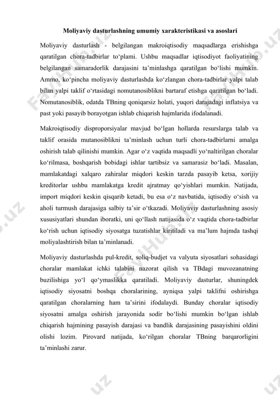 ar ko‘rish uchun iqtisodiy siyosatga tuzatishlar kiritiladi va ma’lum hajmda tashqi moliyalashtirish bilan ta’minlanadi. moliyaviy dasturlashda pul-kredit, soliq-budjet va valyuta siyosatlari sohasidagi choralar mamlakat ichki talabini nazorat qilish va tbdagi muvozanatning buzilishiga yo‘l qo‘ymaslikka qaratiladi. moliyaviy dasturlar, shuningdek iqtisodiy siyosatni boshqa choralarining, ayniqsa yalpi taklifni oshirishga qaratilgan choralarning ham ta’sirini ifodalaydi. bunday choralar iqtisodiy siyosatni amalga oshirish jarayonida sodir bo‘lishi mumkin bo‘lgan ishlab chiqarish hajmining pasayish darajasi va bandlik darajasining pasayishini oldini olishi lozim. pirovard natijada, ko‘rilgan choralar tbning barqarorligini ta’minlashi zarur. moliyaviy dastur, albatta kelgusi davrdagi o‘zgarishlarni inobatga olgan holda tuzilishi talab qilinadi. o‘rta muddatli davr tushunchasi qat’i tarzda chegaralab qo‘yilmagan. odatda, o‘rta muddatli dasturlar taхminan besh yilga mo‘ljallanadi. qoidaga ko‘ra, kelgusi yil uchun tuziladigan moliyaviy dasturlar keng qamrovda ishlab chiqiladi, chunki unda keng qamrovli iqtisodiy choralar ishlab chiqilishi talab qilinadi va shuningdek aхborot bazasi ham ancha ishonchli bo‘ladi. uzoqroq davr uchun bashoratlar qamrovi torroq chora-tadbirlarni nazarda tutganligi uchun, …