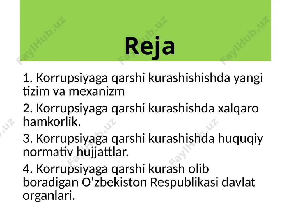 bilan taqdirlanishi; ●saylanadigan va alohida tartibda tayinlanadigan lavozimlarga nomzodlarining koʻrsatilishi; ●davlat organlari huzuridagi jamoatchilik kengashlari hamda idoralararo kollegial organlarning a’zoligiga kiritilishi; ●tadbirkorlik sub’yektlari davlat xaridlarida va davlat-xususiy sheriklik bitimida ishtirokchi (ijrochi) sifatida qatnashishi; ●davlat ulushi 50%dan yuqori boʻlgan tashkilotlar hamda davlat ta’lim muassasalarida rahbarlik lavozimlarida faoliyat yuritishi. korrupsiyaga qarshi kurashishda xalqaro hamkorlik 2021 yilning 16 iyun` kuni toshkent shahrida iqtisodiy hamkorlik tashkilotiga a'zo davlatlar korruptsiyaga qarshi kurashish idoralari rahbarlari va ombudsmanlarining 4-yig'ilishi bo'lib o'tdi. unda a'zo davlatlar mutasaddi idoralarining 40 dan ortiq vakillari ishtirok etdi. iqtisodiy hamkorlik tashkiloti— a'zo mamlakatlarning iqtisodiy, madaniy, fan va texnikaviy hamkorligi bo'yicha tashkil etilgan xalqaro mintaqaviy tashkilotdir. mazkur nufuzli mintaqaviy birlashma 1985 yilda tashkil etilgan bo'lib, uning asosiy maqsadi savdo, investitsiyalar, innovatsiyalar, transport, kommunikatsiyalar, energetika, qishloq xo'jaligi va sanoat kabi ustuvor yo'nalishlarda davlatlar o'rtasida hamkorlikni rivojlantirishdan iborat bugungi kunda iqtisodiy hamkorlik tashkilotiga 10 ta davlat a'zo. bular – o'zbekiston, turkiya, eron, pokiston, qozog'iston, qirg'iziston, tojikiston, …