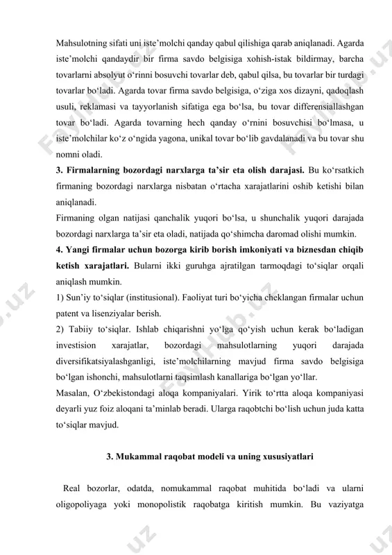 sodiy tahlilning muhim elementlaridan biri hisoblanadi. bozor mukammal raqobatlashgan bozor bo‘ladi, agar unda quyidagi shartlar bajarilsa: · sotuvchi va xaridorlar bozorda mahsulot narxi qanday bo‘lsa, shunday qabul qiladilar va ular narxga ta’sir qila olmaydilar; · bozorga yangi sotuvchilarni kirishi cheklanmagan; · sotuvchilar birgalikda harakat qilish strategiyasini ishlab chiqmaydi. bunday shartlar bajariladigan bozor mukammal raqobatlashgan bozor, sof raqobatlashgan yoki raqobatlashgan bozor deb qaraladi. raqobatlashgan bozorda harakat qilayotgan firmaning raqobatlashuvchi firma deb qaraladi. bundan keyin raqobatlashuvchi firma to‘g‘risida gapirilganda, biz raqobatlashgan bozorda harakat qilayotgan firmani nazarda tutamiz. demak, raqobatlashgan bozorda tovar narxi bozorda talab va taklif asosida shakllanadi va unga sotuvchi ham xaridor ham ta’sir qila olmaydi: . raqobatlashgan bozorda har bir alohida sotuvchi tomonidan sotiladigan tovarning bozorda sotiladigan umumiy tovar miqdoridagi ulushi juda oz bo‘lgani uchun ham u tovar narxini o‘zgartira olmaydi. raqobatlashgan bozorni tahlil qilganimizda, bozordagi tovarlarni bir xil deb, ya’ni ularning sifati bir xil deb qaraymiz. (amalda tovarning sifatiga …