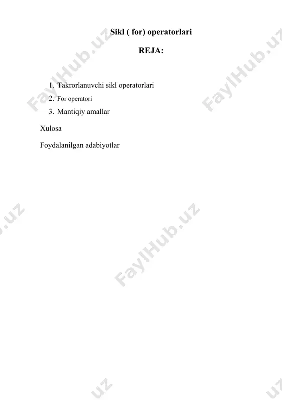 ncha amalga oshiramiz. keling endi bu jarayonlarni java da dasturini tuzib chiqaylik. 1. public class tozalash { 1. 1. public static void main(string[] args) { 1. 1. scanner in = new scanner(system.in); 1. int aynigan = 1; // shartli ravishda shart tekshirish uchun shu qiymatlar kiritildi 1. int buzulgan = 2; // shartli ravishda shart tekshirish uchun shu qiymatlar kiritildi 1. for (int i = 1; i 0; i--) { system.out.println(numbers[i]); } xulosa java tilida ko’p ishlatiladigan takrorlanuvchi operatorlardan biri for operatoridir. bu operatorning umumiy ko’rinishi quyidagicha: for(amal1;shart;amal2){ //sikl tanasi } birinchi amalda takrorlanishining dastlabki qiymati beriladi. shartda takrorlanishning oxirgi qiymati, keyingi amalda takrorlanishning qadami belgilanadi. biz yuqorida aytib o’tganimizdek takrorlanuvchi jarayonlarni tashkil qilganimizda dastlabki qiymatni, oxirgi qiymat va takrorlanish sohasini belgilashimiz kerak. misol:1 dan 100 gacha bo’lgan sonlarni ekranga chiqaring. public class mainclass { public static void main(string[] args) { for(int i=1;i<=100;++i){ system.out.println(i); } } } ushbu misolda i=1 …