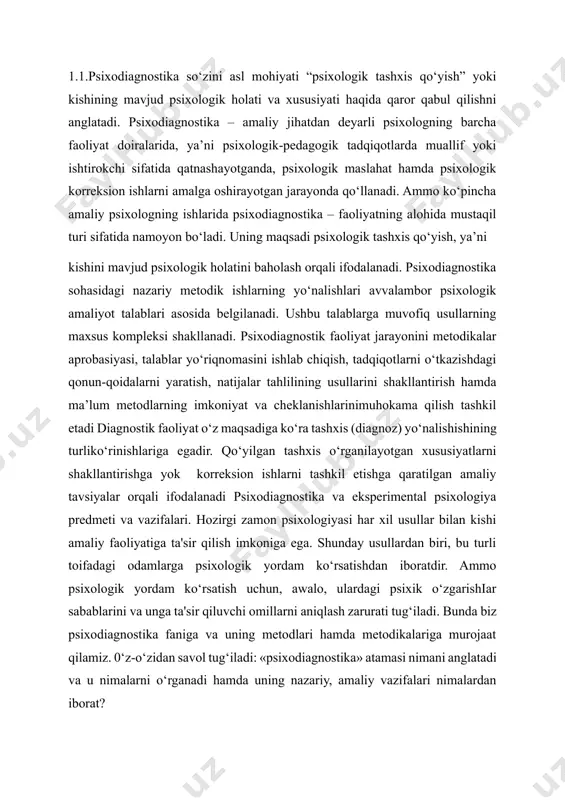 arga psixologik yordam ko‘rsatishdan iboratdir. ammo psixologik yordam ko‘rsatish uchun, awalo, ulardagi psixik o‘zgarishiar sabablarini va unga ta'sir qiluvchi omillarni aniqlash zarurati tug‘iladi. bunda biz psixodiagnostika faniga va uning metodlari hamda metodikalariga murojaat qilamiz. 0‘z-o‘zidan savol tug‘iladi: «psixodiagnostika» atamasi nimani anglatadi va u nimalarni o‘rganadi hamda uning nazariy, amaliy vazifalari nimalardan iborat? «psixodiagnostika» atamasi psixologik. tashxis qo‘yish degan ma'noni anglatib, shaxsning ruhiy holati, biror-bir alohida xususiyati haqida xulosa chiqarishdir, bunda «tashxis» shaxsning taraqqiyot ko‘rsatkichi va tavsifnomalami birgalikda tahlil qilish asosida sinaluvchining holat va xususiyatlari haqidagi xulosalardan iborat. «psixodiagnostika» atamasi ilk bor rorshaxning «psixodiagnostika» asari chop etilishidan so‘ng psixiatriyada qo‘llanilgan bo‘lib, u tez orada tibbiyotdan tashqarida ham keng miqyosda ommalasha boshladi. «diagnoz», ya'ni«tashxis» esa shaxs rivojlanishidagi har qanday og‘ishlarni, hattoki uning holat va xususiyatlarining konkret taraqqiyot darajasini aniqlash demakdir. psixodiagnostika — bu maxsus bilimlar sohasi bo‘lib, individ guruhning psixologik taraqqiyot ko‘rsatkichlarini, holat va xususiyatlarini baholash uchun metodikalar majmuini ishlab chiqish bilan …