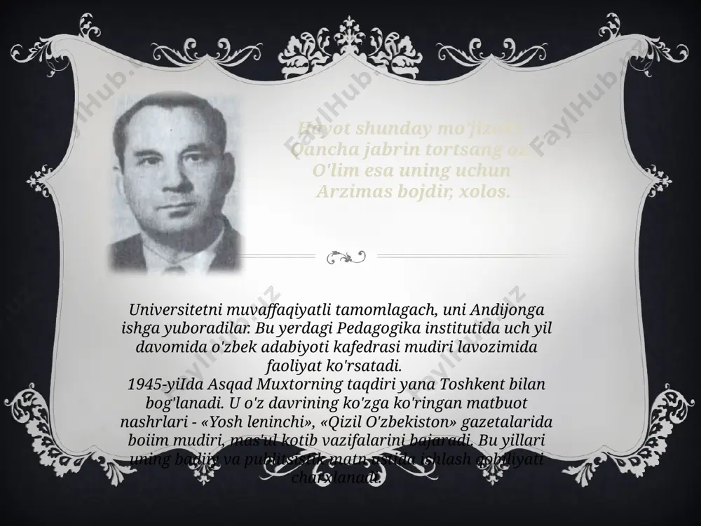 y-falsafiy mushohadalari («ma'naviyat» nashriyoti, 1997-yil), go'yo, matonatli shaxs va betakror ijodkoming insoniyatga qoldirgan vasiyatidek yangraydi... taniqli adib uzoq davom etgan og'ir xastalikdan so'ng 1996-yilning 17-aprelida toshkent shahrida vafot etdi. men seni o‘ylayman, o‘ylarim cheksiz, shunday cheksiz bo‘lsin baxtli kezlaring. 12 208-guruh talabasi zuxurova shaxnoza e’tiboringiz uchun rahmat! image3.png media1.mp3 image4.jpeg image5.png image6.jpeg image7.jpeg image8.png image9.png image10.jpeg image11.jpeg image12.jpeg image13.jpeg image14.jpeg image15.jpg image2.png