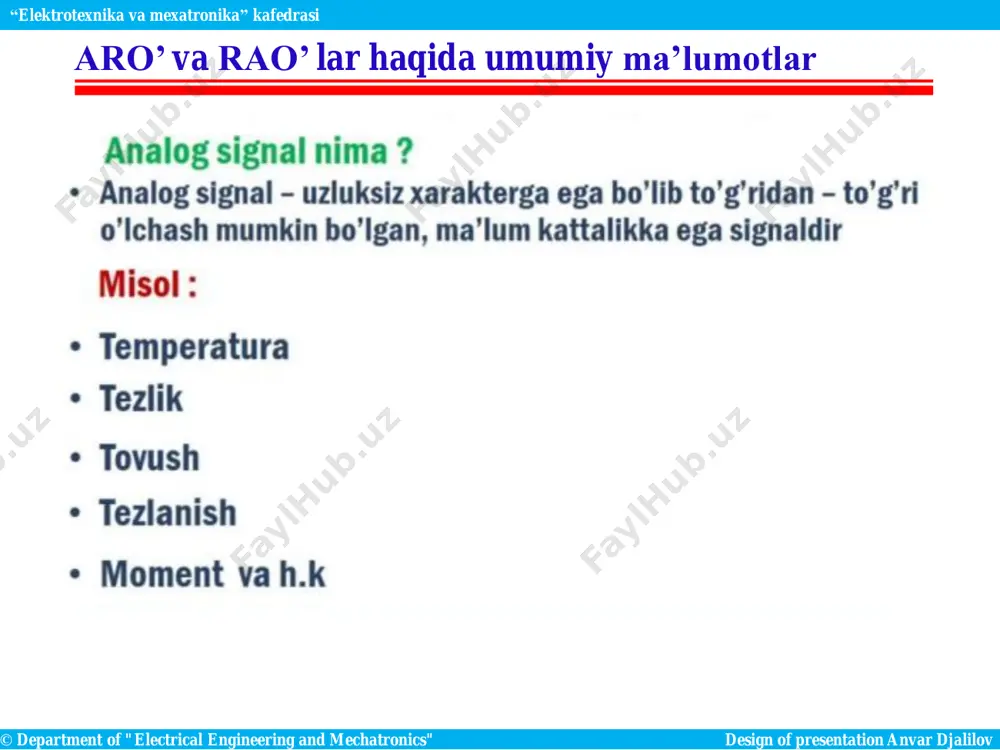 lectrical engineering and mechatronics" design of presentation anvar djalilov “elektrotexnika va mexatronika” kafedrasi aro’ ning asosiy texnik xarakteristikasi © department of "electrical engineering and mechatronics" design of presentation anvar djalilov “elektrotexnika va mexatronika” kafedrasi 2 – rasm. analog signalni raqamli shaklga o’tkazish jarayoni aro’ ning asosiy texnik xarakteristikasi © department of "electrical engineering and mechatronics" design of presentation anvar djalilov “elektrotexnika va mexatronika” kafedrasi aro’ ning asosiy texnik xarakteristikasi © department of "electrical engineering and mechatronics" design of presentation anvar djalilov “elektrotexnika va mexatronika” kafedrasi aro’ ning asosiy texnik xarakteristikasi © department of "electrical engineering and mechatronics" design of presentation anvar djalilov “elektrotexnika va mexatronika” kafedrasi aro’ ning asosiy texnik xarakteristikasi © department of "electrical engineering and mechatronics" design of presentation anvar djalilov “elektrotexnika va mexatronika” kafedrasi aro’ ning asosiy texnik xarakteristikasi © department of "electrical engineering and mechatronics" design of presentation anvar djalilov “elektrotexnika va mexatronika” kafedrasi aro’ ning …