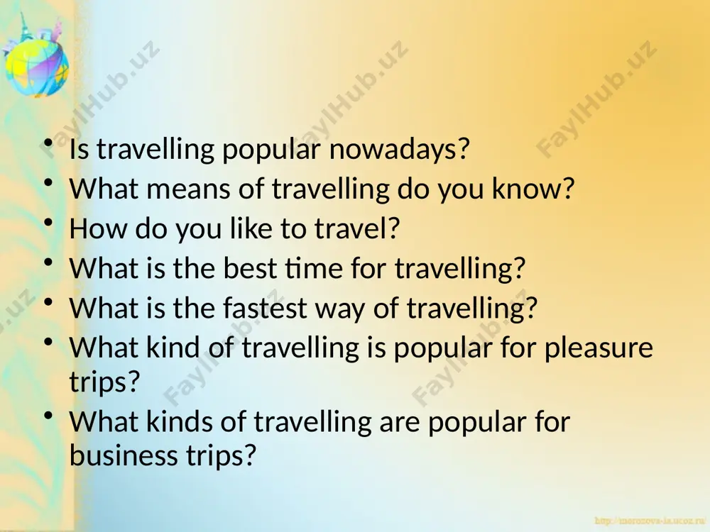 journey enjoyable. some people like to travel by ship and enjoy a sea voyage or a river trip. many people like to travel by car. travelling by car also has its advantages: you will never miss your train, ship or plane; you can make your own time-table; you can stop wherever you wish. travelling by car is popular for pleasure trips while people usually take a train or a plane when they are travel­ling on business. travelling means getting about town too. there are many ways of getting about town. you may use tram, bus and trolley-bus routes, taxi service or the metro. trams, trolley-buses and buses stop to pick up passen­gers at special stops. sometimes the tram, bus or trolley-bus you are on do not take you right to the place you want to go. in this case you have to take another tram, bus or trolley-bus. it means …