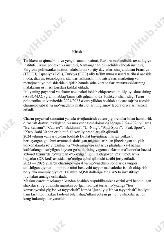 a charm-poyabzal va mo‘ynachilik mahsulotlarining sinov laboratoriyalari tashkil etiladi. charm-poyabzal sanoatini yanada rivojlantirish va xorijiy brendlar bilan hamkorlik o‘rnatish dasturi tasdiqlandi va mazkur dastur doirasida sohaga 2024-2026 yillarda “berkemann”, “caprise”, “baldinini”, “li-ning”, “anta spors”, “peak sport”, “xtep” kabi 30 dan ortiq nufuzli xorijiy brendlar jalb qilinadi. 2024 yilning yanvar oyidan boshlab davlat buyurtmachilariga yetkazib berilayotgan go‘shtni avtomatlashtirilgan majmualar bilan jihozlangan so‘yish korxonalarida so‘yilganligi va “veterinariya-sanitariya jihatidan xavfsizligi kafolatlangan so‘yilgan hayvon go‘shtlarining yagona elektron ma’lumotlar bazasi axborot tizimi”da ro‘yxatdan o‘tkazilganligini tasdiqlovchi ma’lumotlar va hujjatlar (qr-kod) asosida iste’molga qabul qilinishi tartibi joriy etiladi. 2023 — 2025 yillarda charm-poyabzal va mo‘ynachilik sohalarida yuqori qo‘shilgan qiymatli, import o‘rnini bosuvchi tayyor mahsulotlar ishlab chiqarish bo‘yicha umumiy qiymati 1,0 mlrd aqsh dollariga teng 769 ta investitsiya loyihalari amalga oshiriladi. mazkur qaror imzolangan kundan boshlab respublikamizda o‘zini o‘zi band qilgan shaxslar shug‘ullanishi mumkin bo‘lgan faoliyat turlari ro‘yxatiga “teri xomashyosini yig‘ish va tayyorlash” hamda “junni yig‘ish va tayyorlash” …